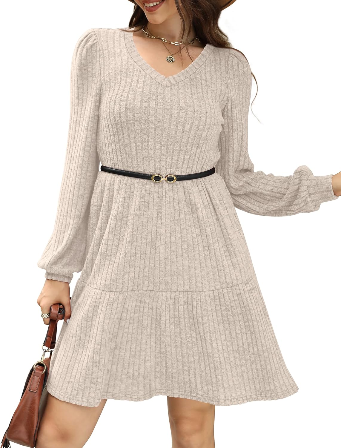 SAMPEEL Womens V Neck Long Sleeve Fall Dresses Baby Doll Casual Sweater Dress Fashion Clothes - Image 4