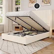 UNIQUITE Queen Size Lift Up Storage Bed Frame with 51 Inch Tall Wingback Headboard, Corduroy Upholstered Platform Bed with Hydraulic Storage, 2 USB Ports, No Box Spring Needed, Noise-Free, Beige