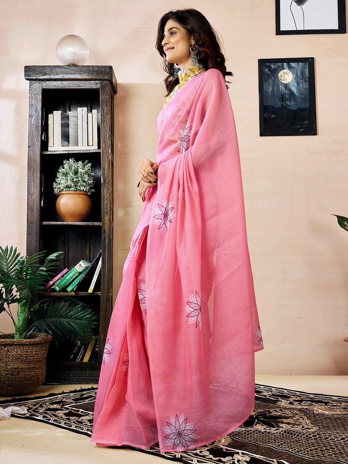 Satrani Women's Chanderi Cotton Printed Ready To Wear Saree With Unstitched Blouse Piece (42Rs380_Pink)