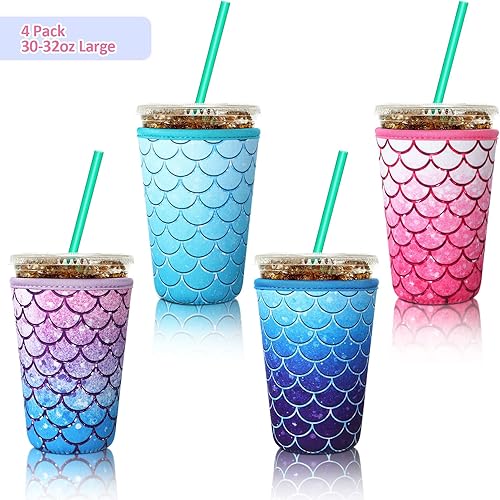 Vista 91 de Patelai Funda aislante reutilizable para café helado, 4 piezas, para bebidas frías, bebidas y soporte para la mayoría de los cafés