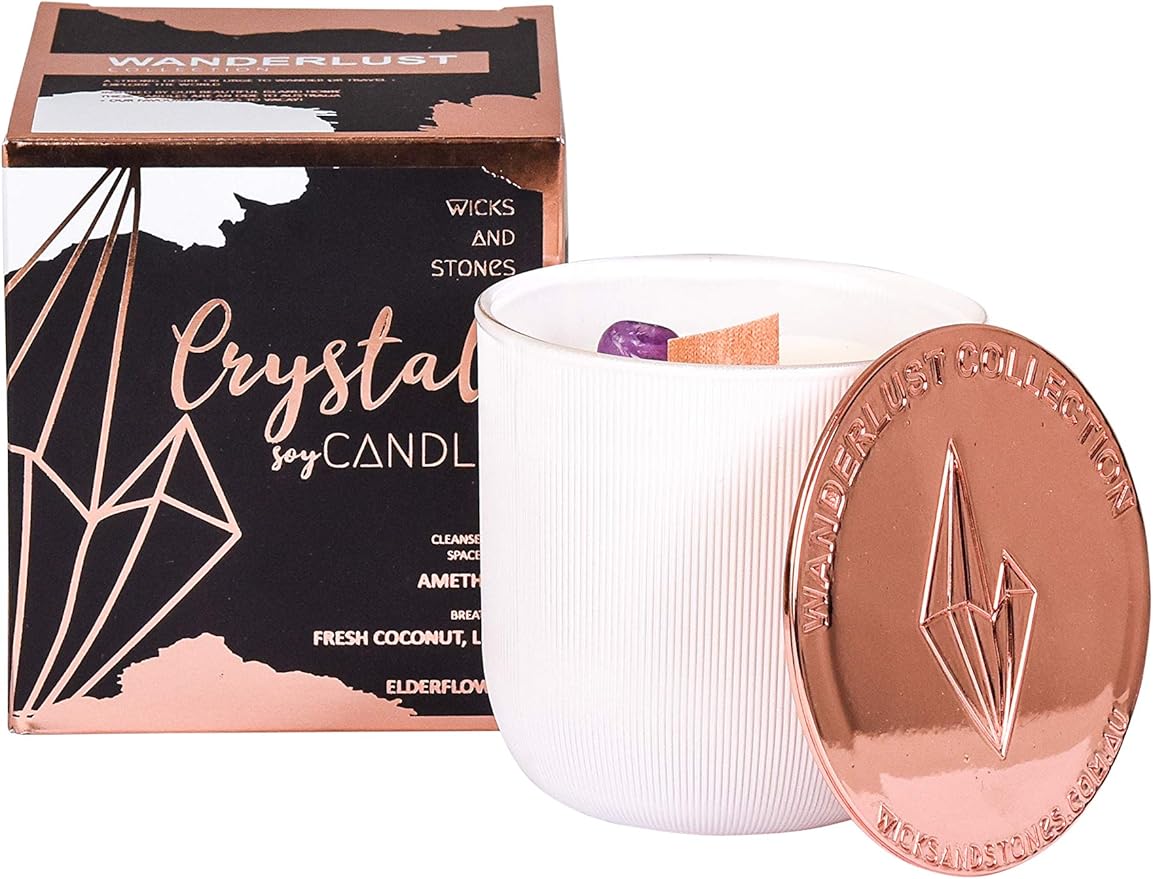 Wicks and Stones Wanderlust Heart of Hayman, Amethyst Crystal Candle