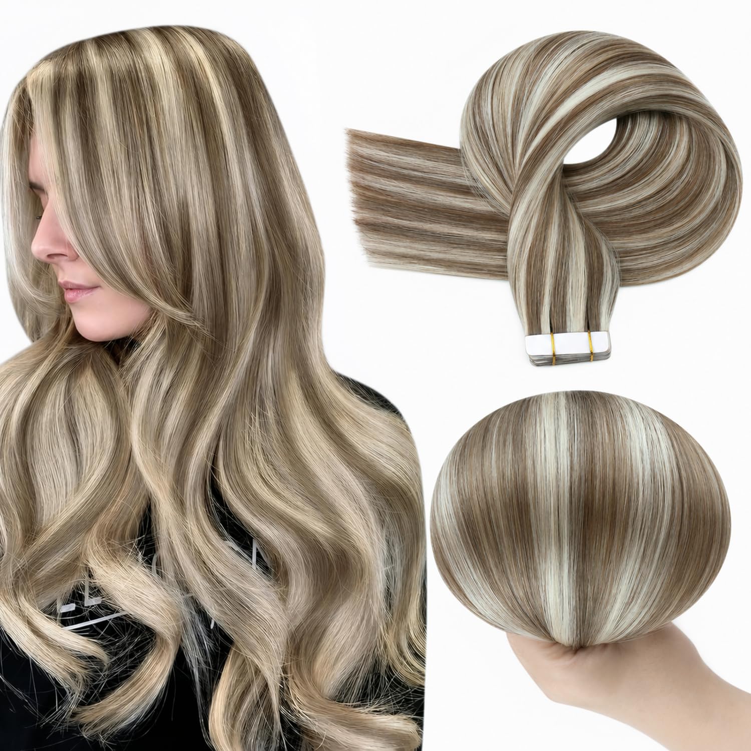 Full Shine Tape In Extensions Human Hair, 8/60 Ash Blonde 18 Inch # P8/60 Beige Blonde Blended with Cool Ash Brown 18 Inch