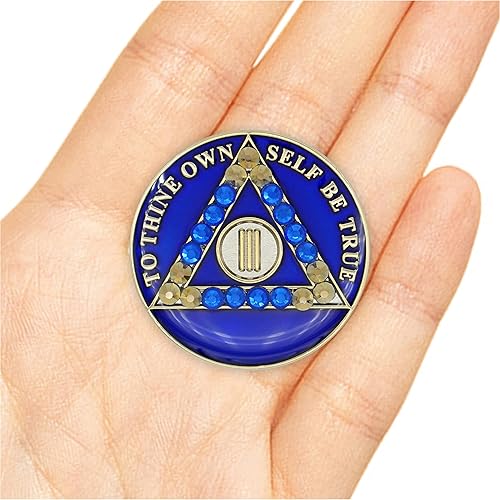 Vista 26 de Moneda de sobriedad de 5 años Ficha de aniversario de recuperación de medallón de chip AA cristalizado azul con oración de serenidad