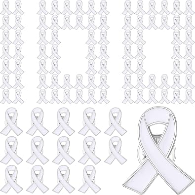 Batiyeer 100 Pcs Lung Cancer Awareness Pin White Ribbon Brooches Bulk Enamel Lapel Bones Support Present Gift Survivor Badge for Men Women Survivor
