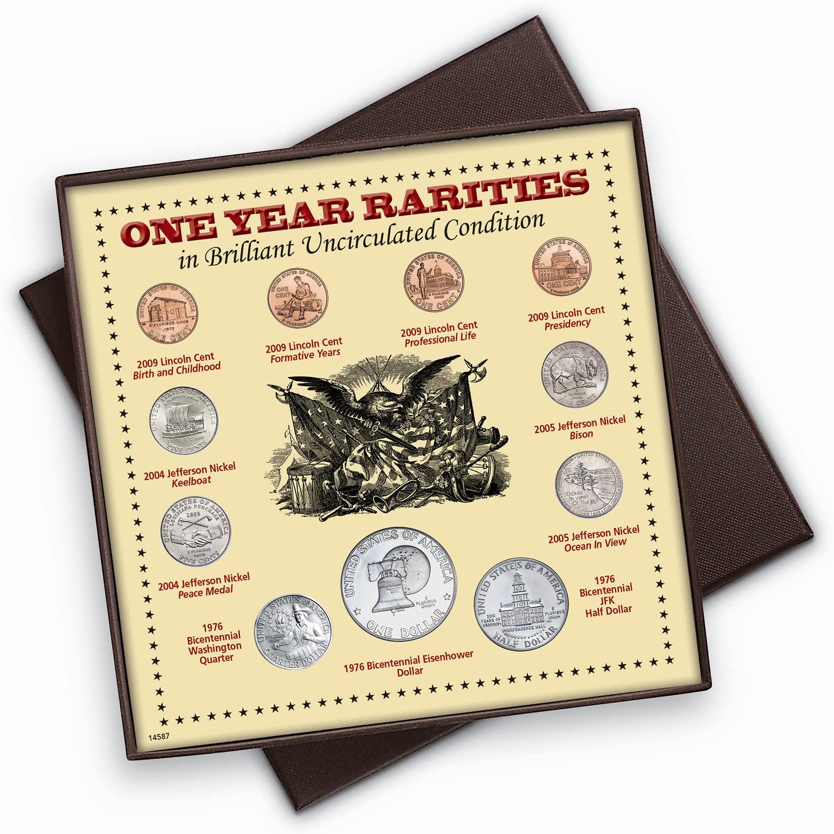 One Year Rarities Eleven Coin Display Boxed Set: Uncirculated US Coins - Minted! 1976 Bicen Eisenhower Dollar + JFK $.50 Lincoln Cent Jefferson Nickel & Washington Quarter