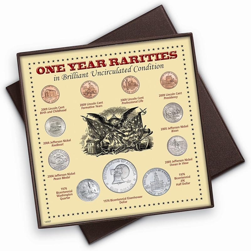 Juego en caja expositora de monedas de One Year Rarities Eleven: monedas estadounidenses sin circular, ¡acuñadas! 1976 Dólar Bicen Eisenhower + JFK $.50 Centavo Lincoln Níquel Jefferson y Barrio Washington