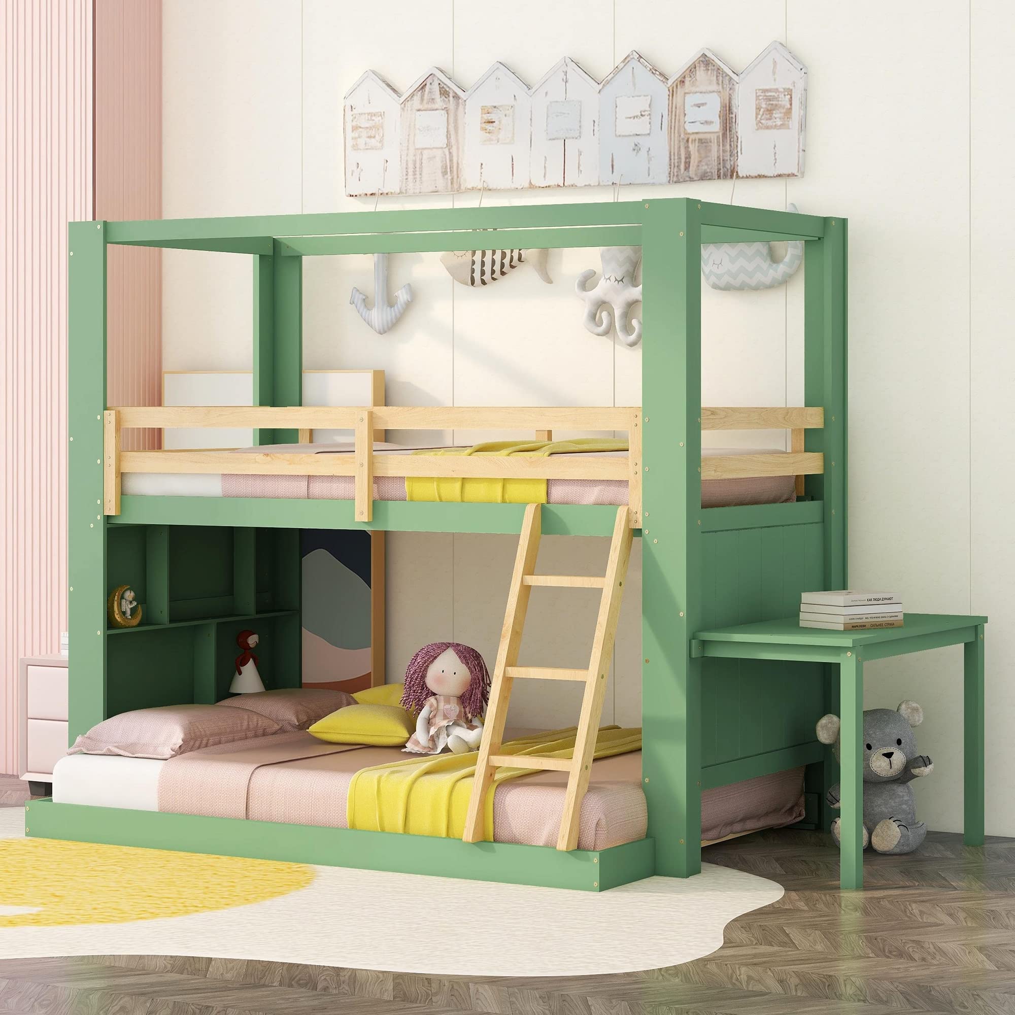 Amazon.com: Twin Over Full Bunk Bed with Desk and Storage Shelves. Solid  Wood Bunk Bed Frame for Toddlers, Kids, Teens, Adults. No Box Spring Needed  (Green +Natural) : Home & Kitchen