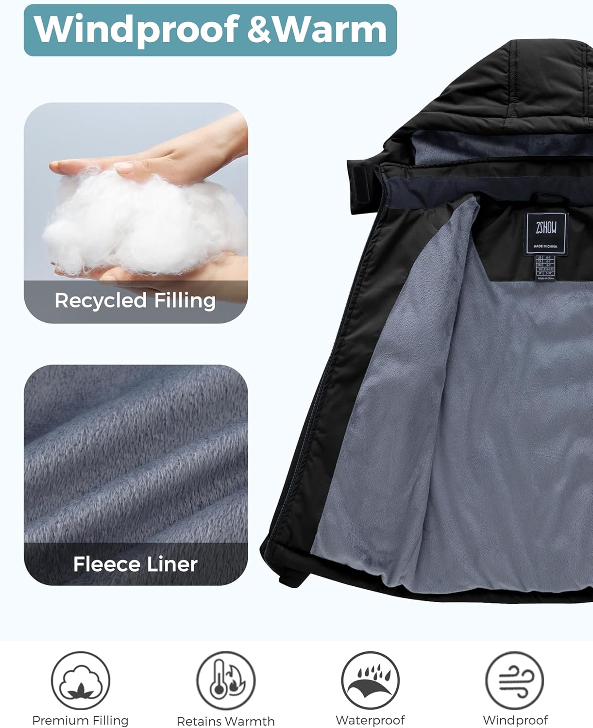 ZSHOW Girl's Waterproof Ski Jacket Thick Padded Warm Winter Coat Hooded Snowboarding Jacket - Image 4