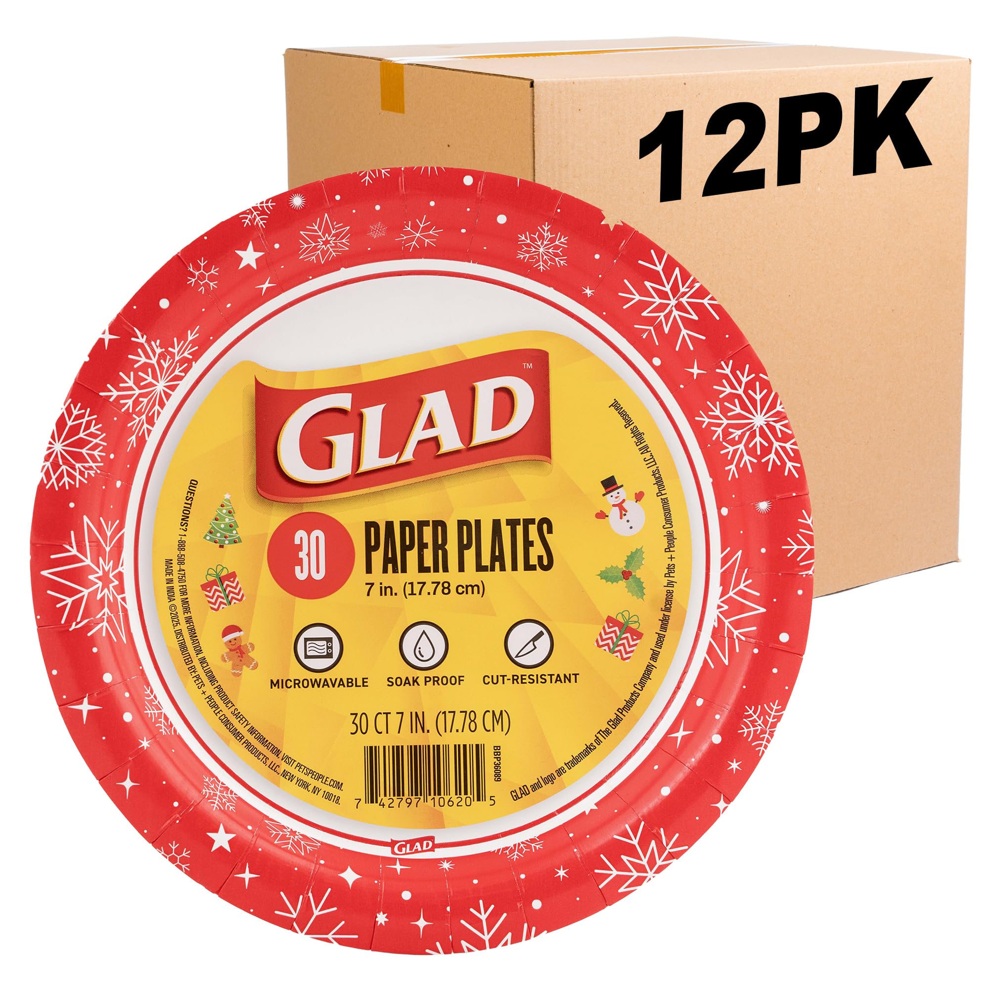 Glad Everyday Einweg-Pappteller mit rotem Schneeflocken-Design, robuste Pappteller, mikrowellengeeigneter Teller für den täglichen Gebrauch, 17,8 cm, 30 Stück, 12 Stück