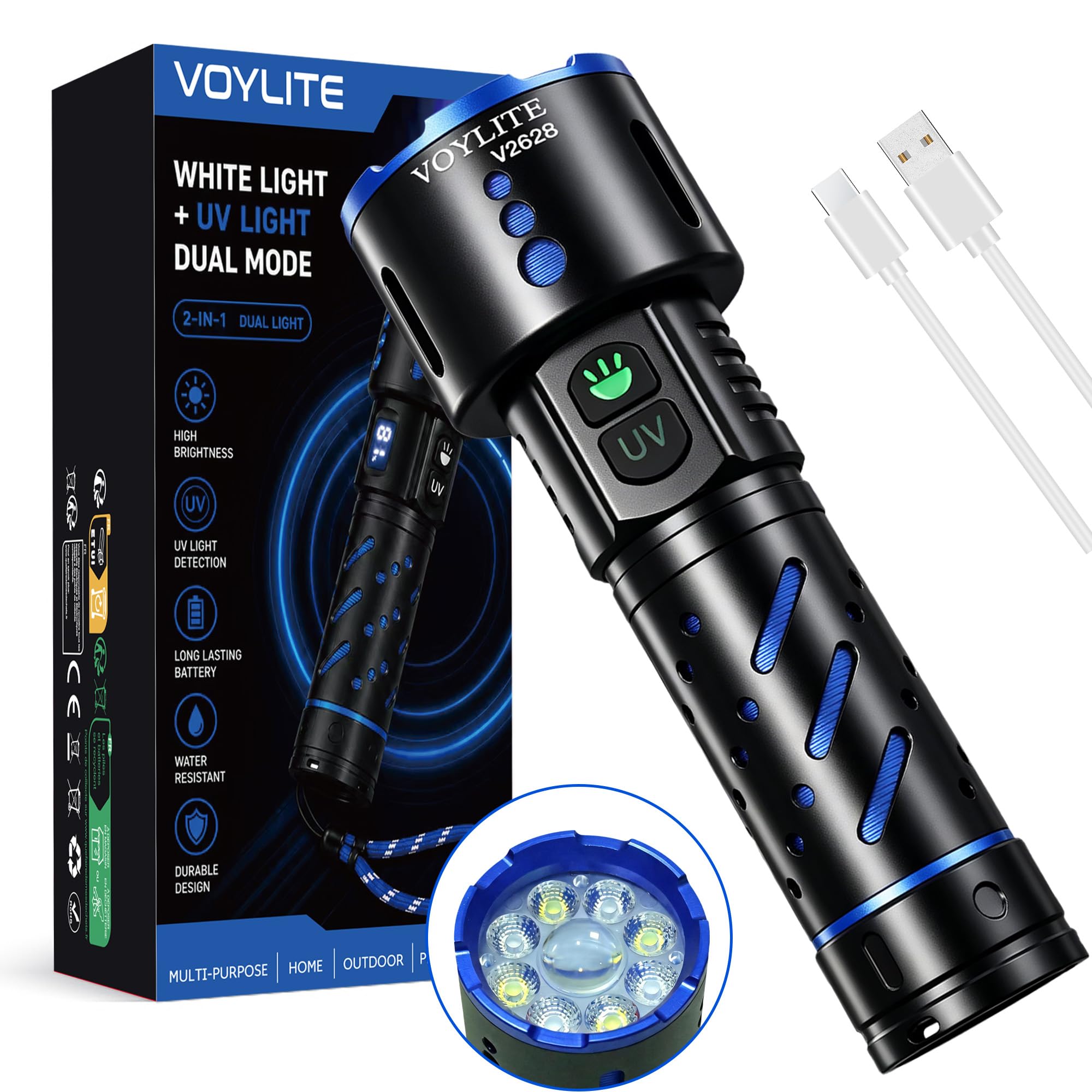 Voylite 1000000 Lumen Torch Rechargeable Super Bright with 365nm UV Light
