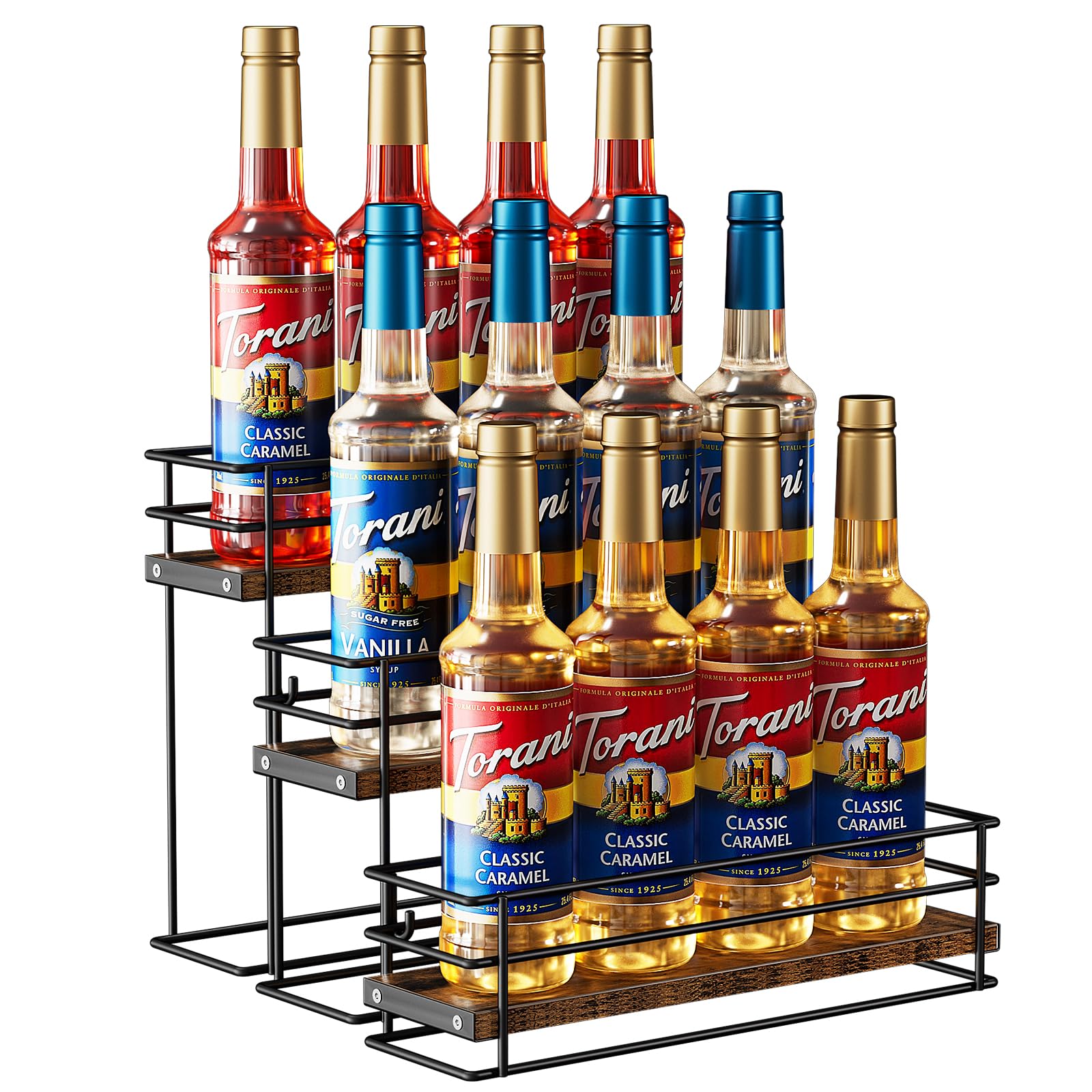 Nuovoware Coffee Syrup Organizer, 3-Tier 12 Bottles Bar Organizer, Separable Metal Rack with Wooden Base Whiskey Wine Dressing for Countertop Kitchen Coffee Bar, Black