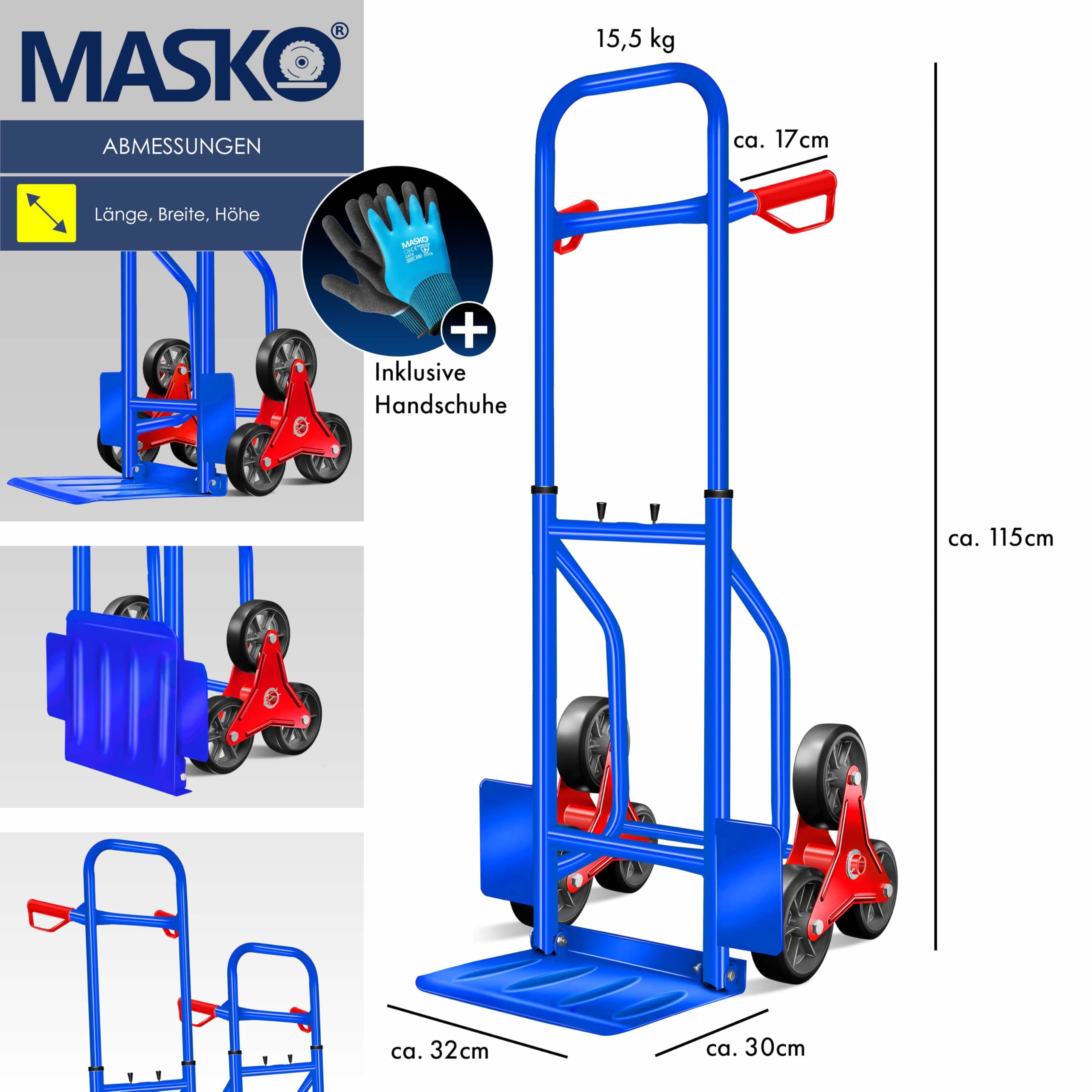 Masko Treppenkarre Sackkarre 200kg Transportkarre Treppensteiger Stapelkarre, klappbar Treppensackkarre Hartgummireifen | Kunststoff Griffe | Stahl Rahmen | Blau