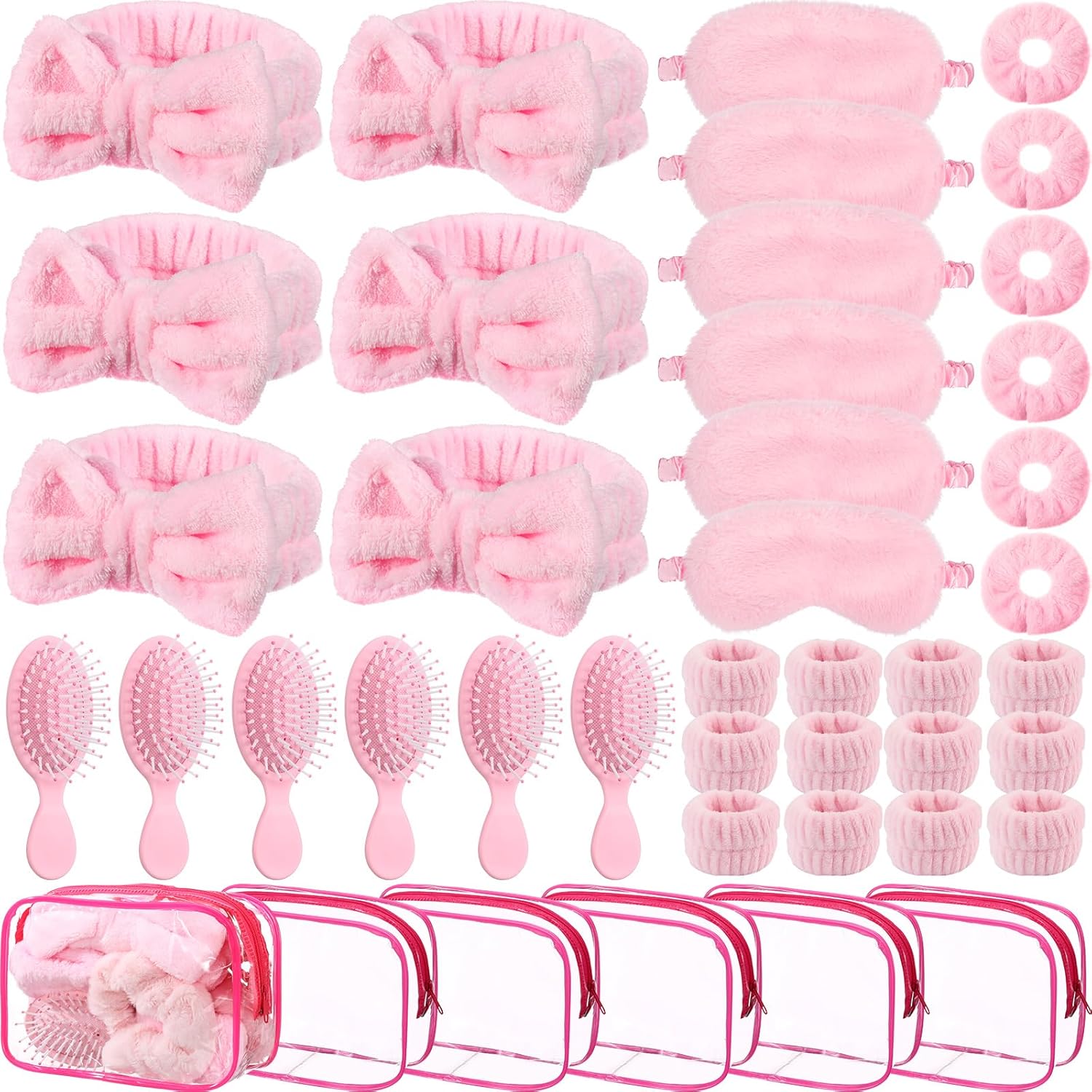 36 Pieces Spa Sleepover Party Favors for Woman 6 Pcs Spa Headband 6 Eye Mask 6 Velvet Scrunchies 6 Pcs Wristband 6 Hair Brush 6 Cosmetic Bags for Adult Slumber Party Gift(Pink)