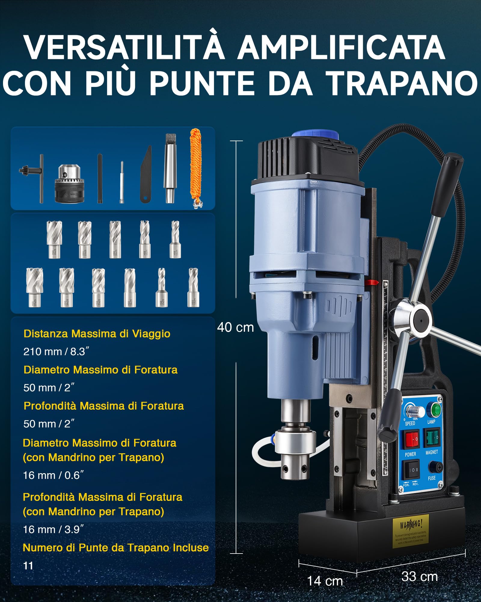 ZELCAN 1950W Trapano Magnetico con 11 Punte 13900N 650 rpm Trapano a Colonna Magnetico a Diametro di 50mm con Controllo Reversibile e Continuo per Superfici Metalliche
