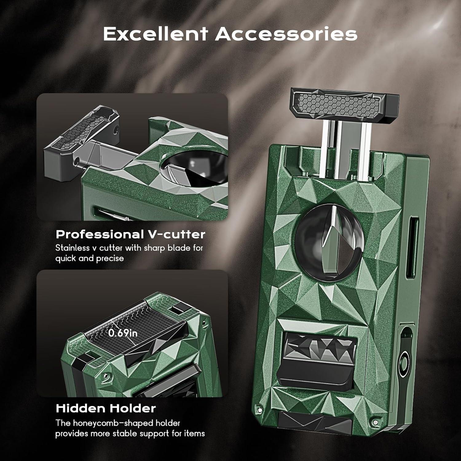 5-in-1 Torch Lighter, with V-Cutter, Triple Jet Flames, Holder, Punch, Draw Enhancer Tool, Multifunctional Accessories, Gifts for Men, Windproof Refillable Butane Lighter for Travel, Candles, Outdoors