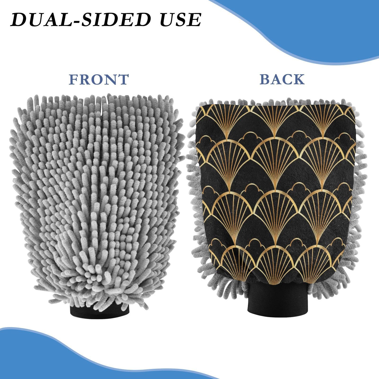ALAZA Golden Fan Japanese Car Wash Mitt Scratch Free, 2 Pack Absorbent Microfiber/Chenille Washing & Drying Mitts, M