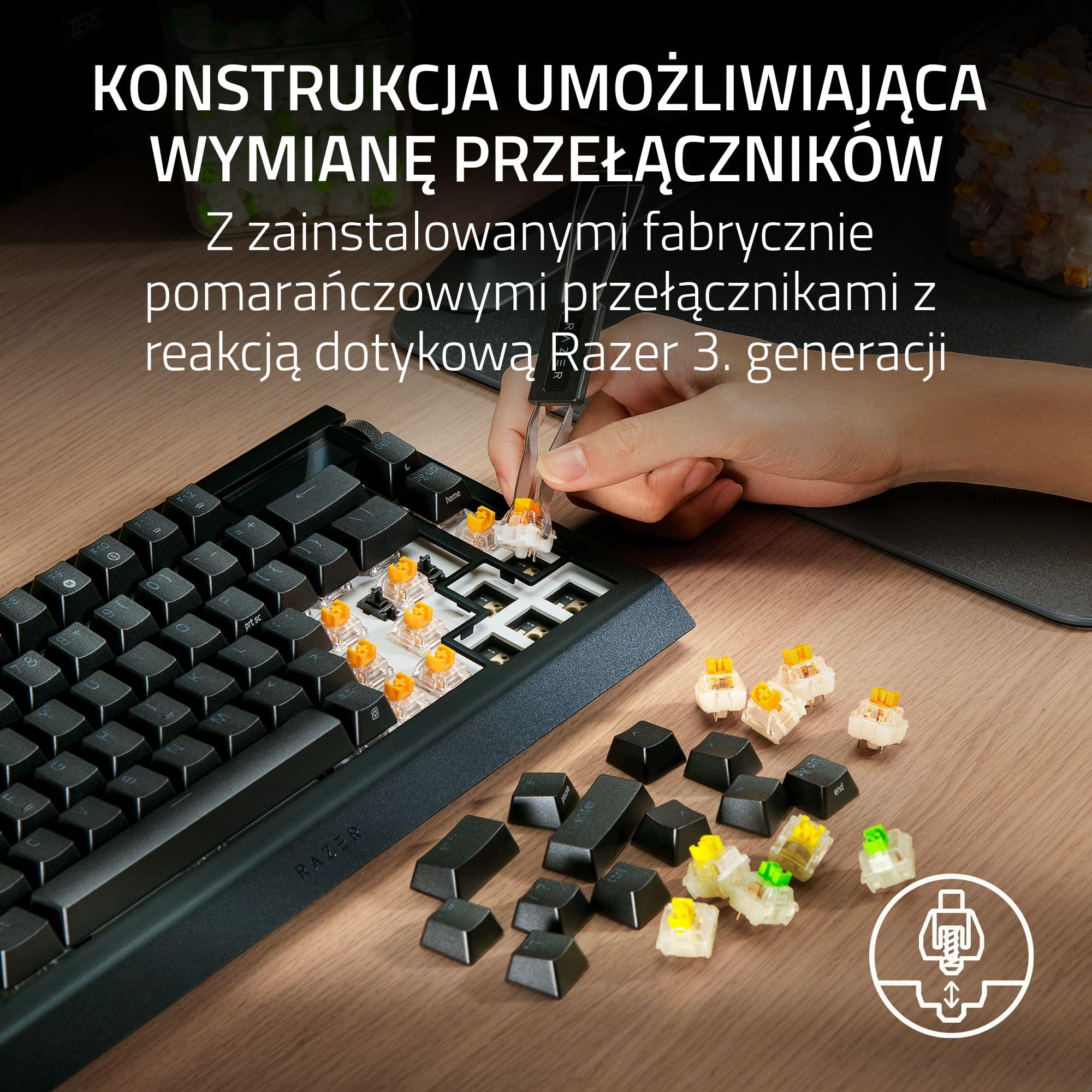 Razer BlackWidow V4 Pro 75% - Bezprzewodowa klawiatura do gier z możliwością wymiany podczas pracy - Wyświetlacz OLED (pokrętło poleceń, łączność 4K Hz i Bluetooth) Układ US ISO | Czarny