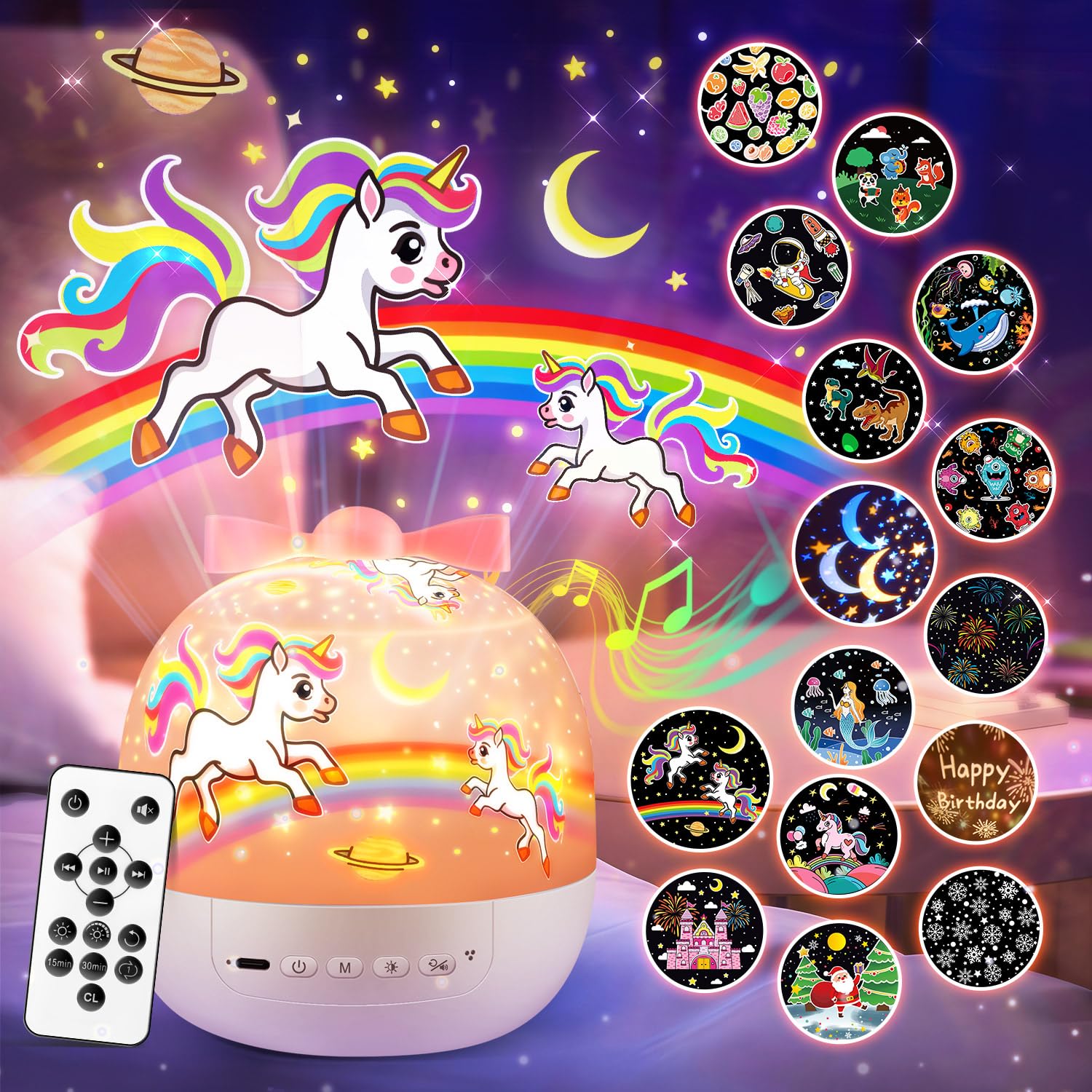 Unicorn Girls Toys Night Light Projector | 15 Films & 15 Soothing Sounds & 7 Colors & Remote Control | Kids Night Light Projector, Sensory Lights Baby Toys for Girls Baby Girls Gifts for Girl Age 3-5