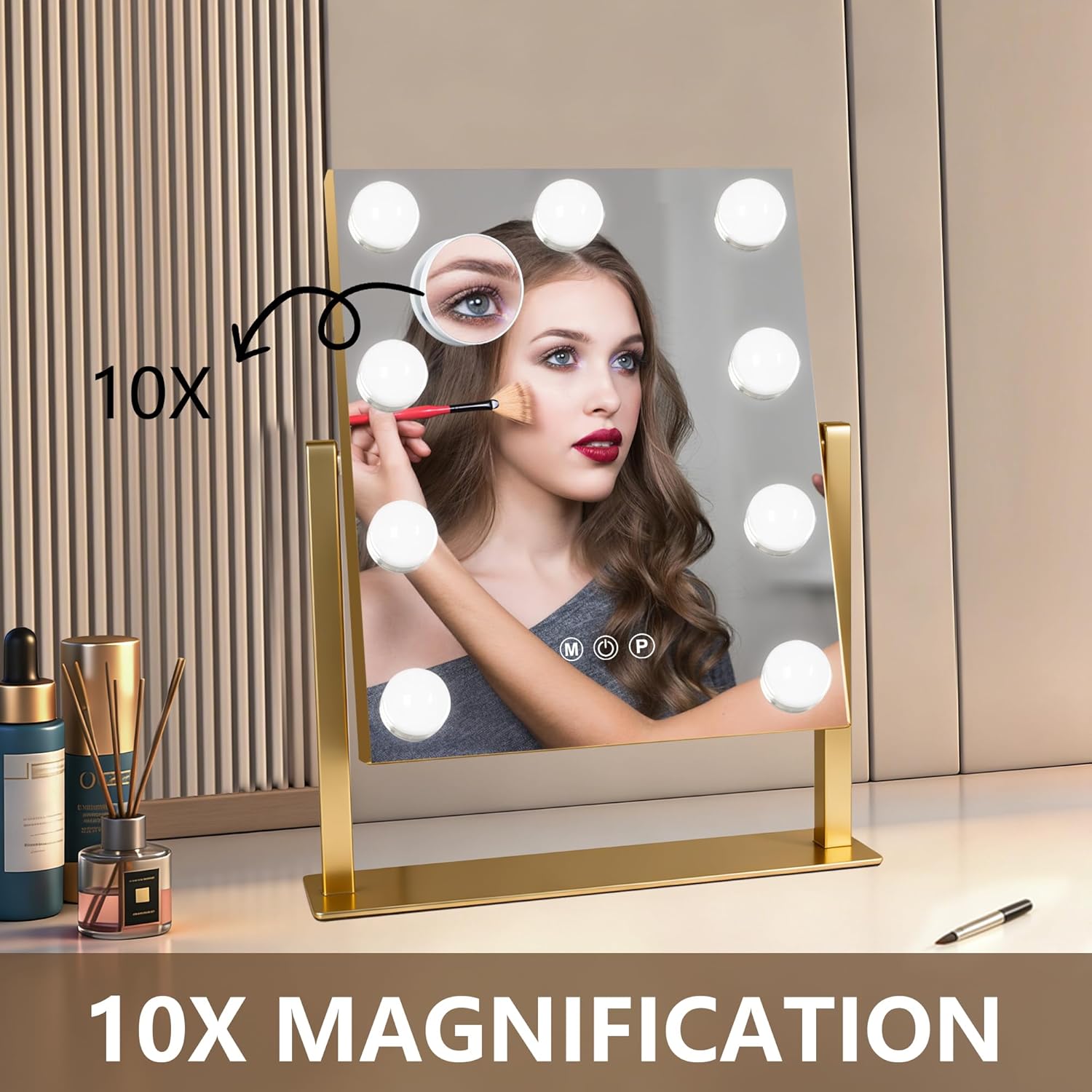 Moonee Vanity Mirror with Lights, Gold Hollywood Lighted Makeup Mirror with 9 Dimmable Bulbs and 10X Magnification 360°Rotation, 3 Colors Modes, Light Up Mirror for Tabletop（12" x 14"）
