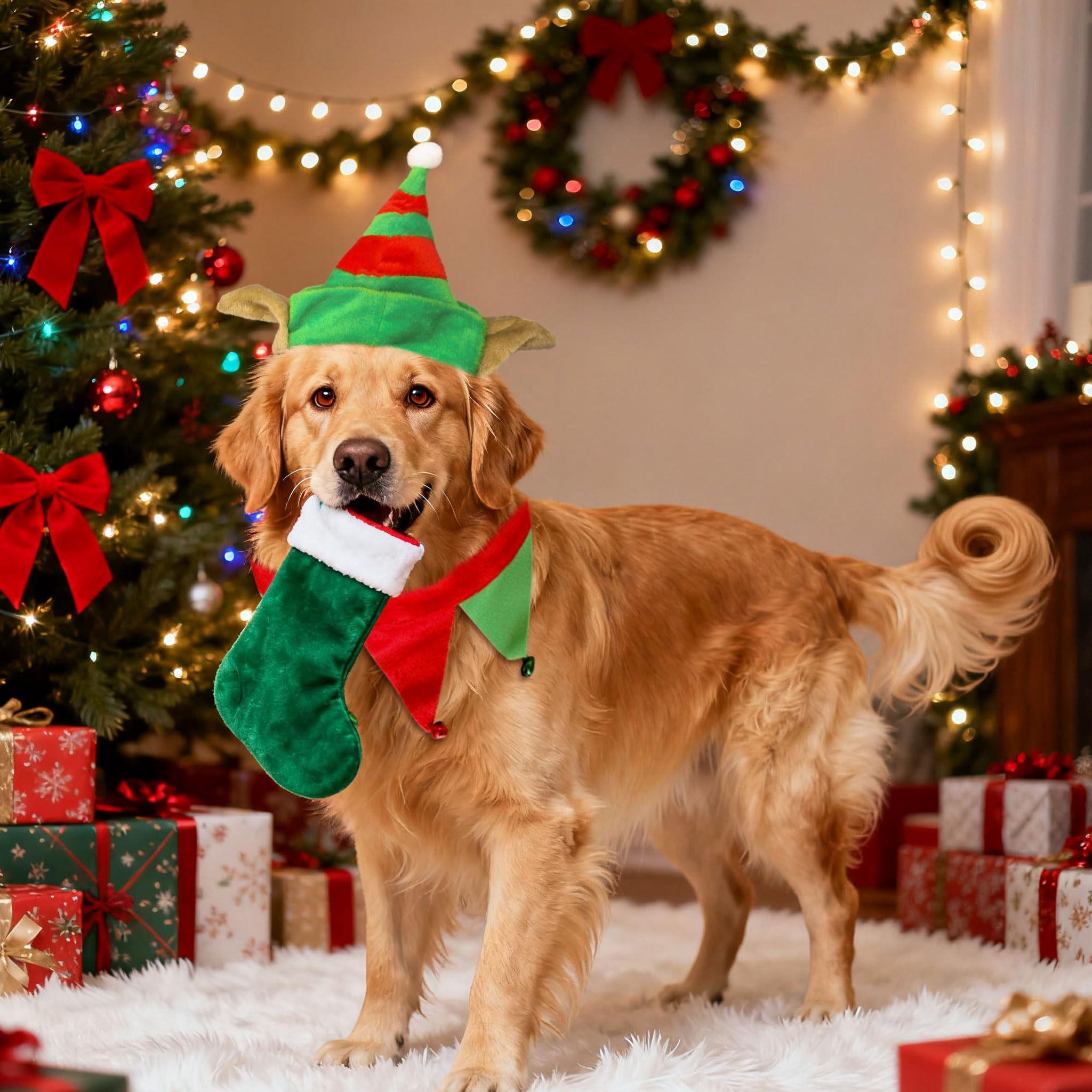 LaVenty Christmas Santa Hat for Dog Bell Scarf Elf Costume for Puppy Cat Dog Party Outfit Red and Green L Size - Image 4