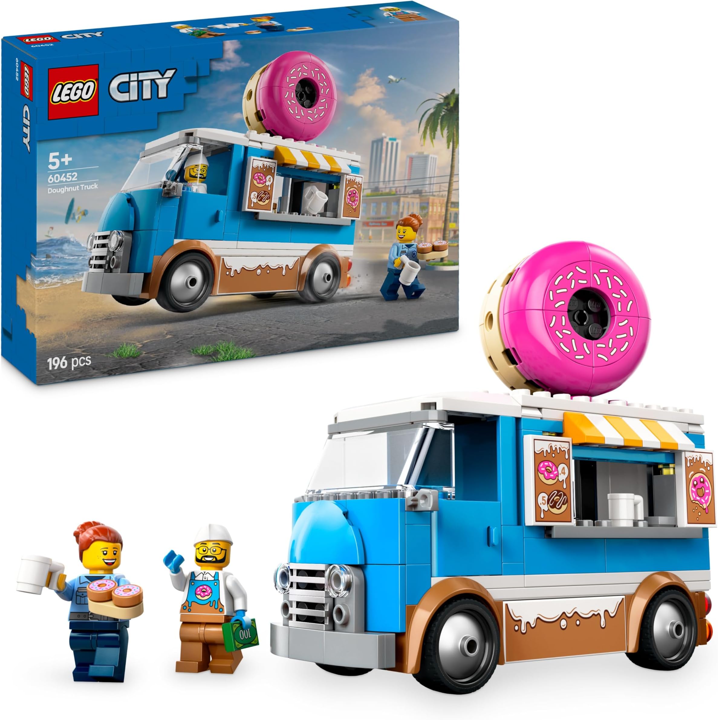 City Donut Truck Toy with 2 Minifigures - Creative Building Toys for 5+ Year Old Boys & Girls - Mobile Food Stand with Accessories - Fun Gift Ideas for Birthdays & Holidays - 60452