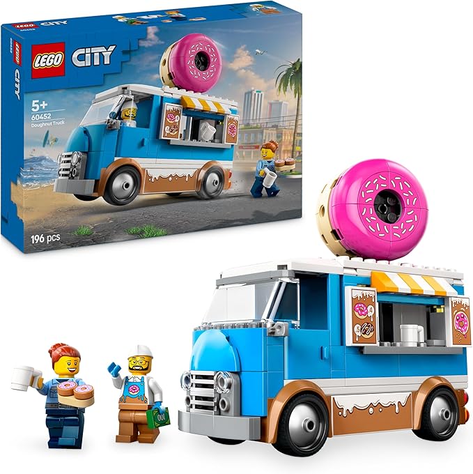 LEGO City Camión de Dónuts con Comida y Caja Registradora de Juguete, Set de Food Truck con Minifiguras de Vendedor y Policía para el Juego de rol, Regalo para Niños y Niñas de 5 Años o Más 60452