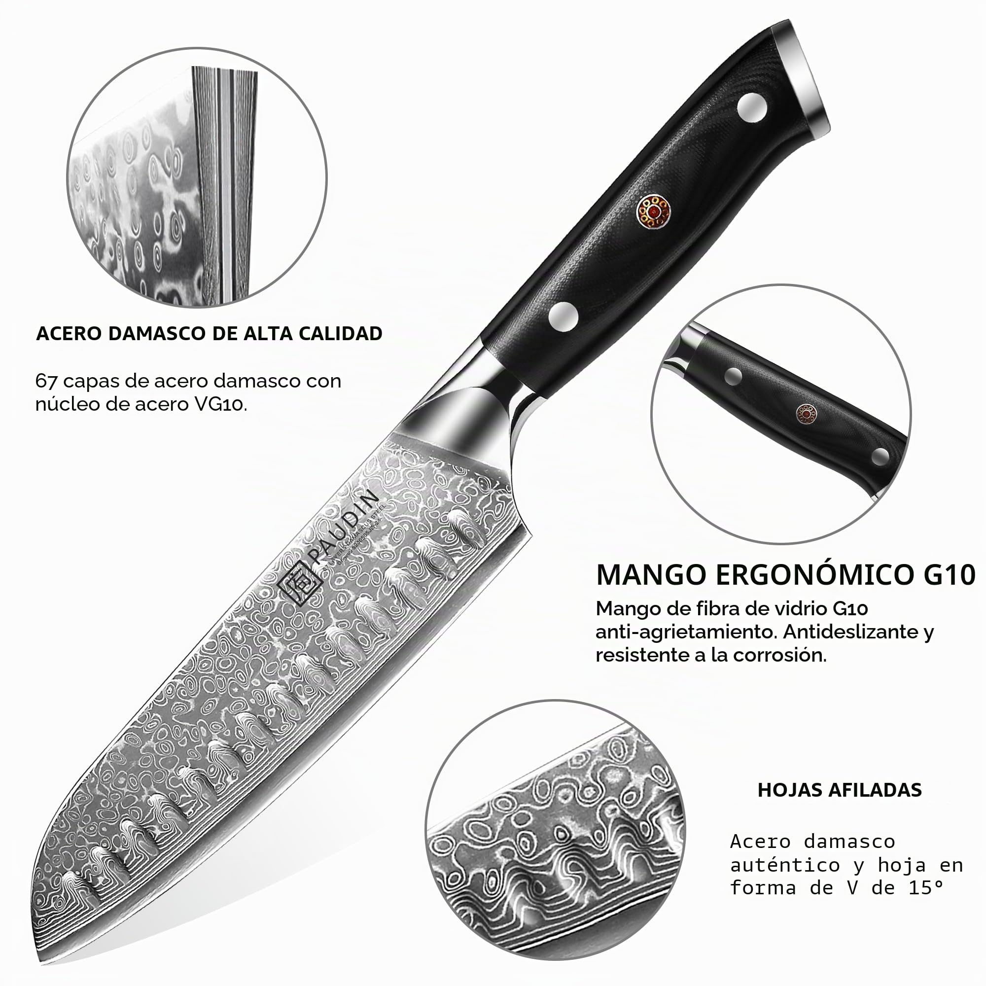 PAUDIN Cuchillo Santoku Damasco 17 cm, cuchillo de cocinero ultra afilado de 67 capas de acero Damasco con alma japonesa VG10, cuchillo de cocina profesional con mango ergonómico G10