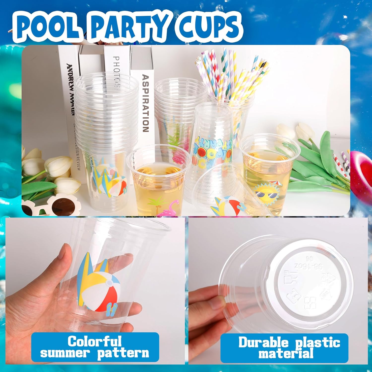 taupphoo 48PCS Beach Pool Party Plastic Cups with Paper lids Summer 16oz Luau Swimming Party Disposable Plastic Cups Drinkware for Beach Ball Pool birthday Decorations favors - Image 3