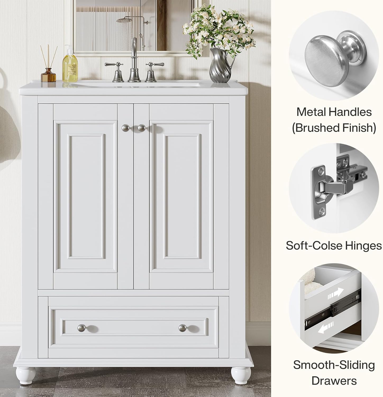 Tribesigns 24" Bathroom Vanity with Ceramic Sink Combo, Freestanding Bathroom Storage Vanity Cabinet with 2 Doors & 1 Drawer, Solid Wooden Frame & Coated Surface, Metal Handle, White