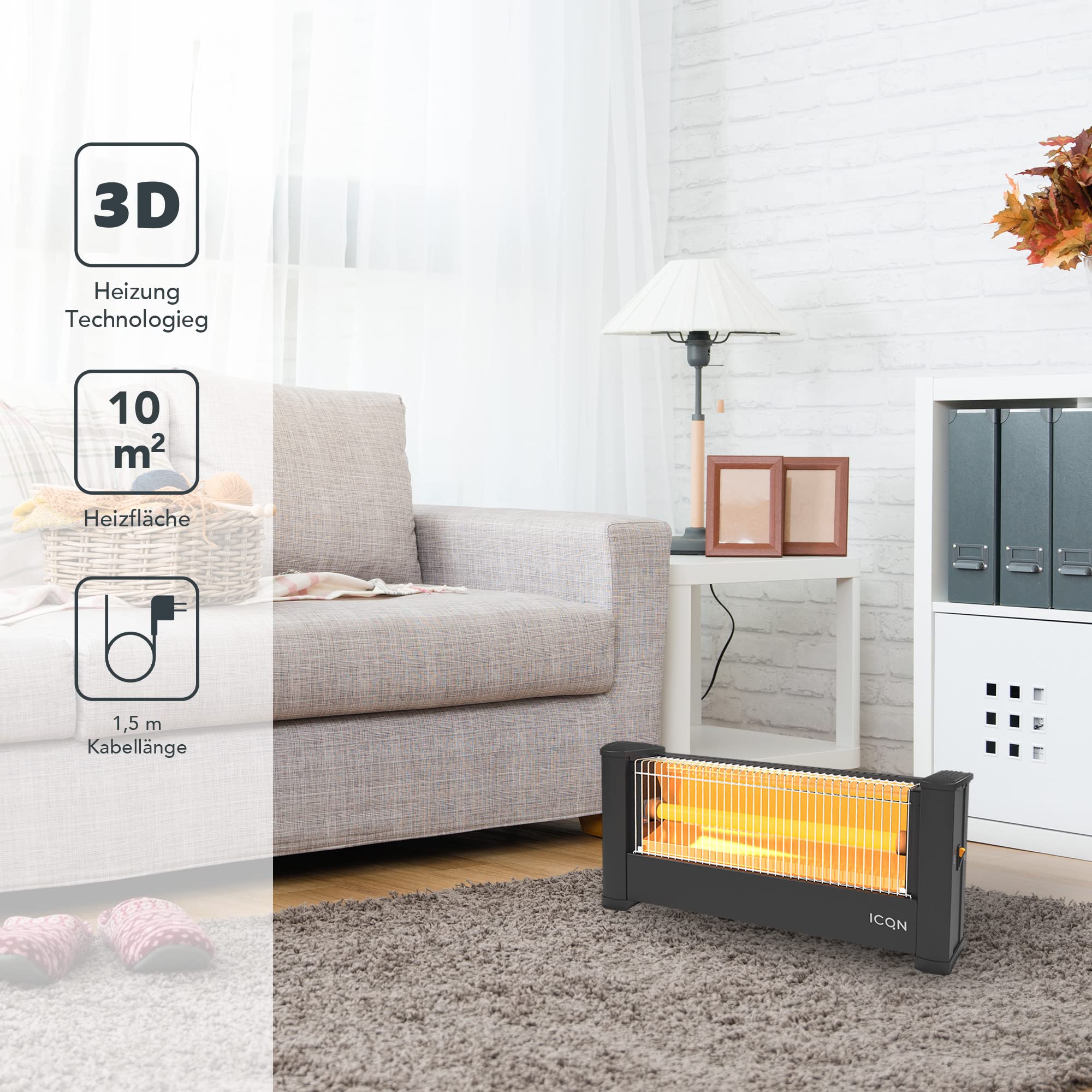 ICQN Infrarot Standheizstrahler, Für Räume bis 9m², 900 W, IP20, Elektroheizung, 135 Zentimeter Kabel, Heizstrahler für Büro oder Haus, Infrarotheizer, IQ.0900.APW