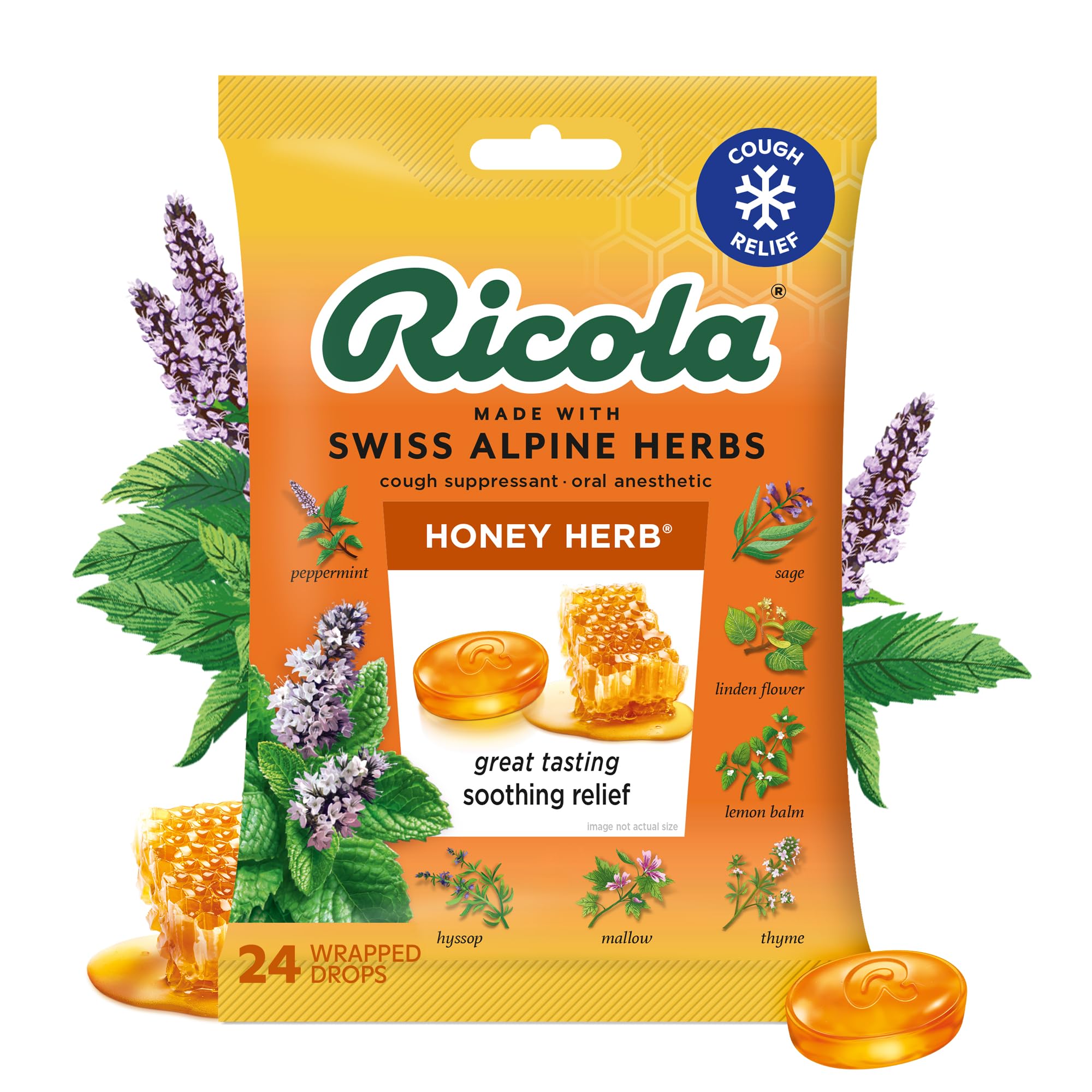 Ricola Honey Herb Cough Drops with Menthol - Minor Cough and Sore Throat Relief - 24 Count - Herbal Throat Lozenges