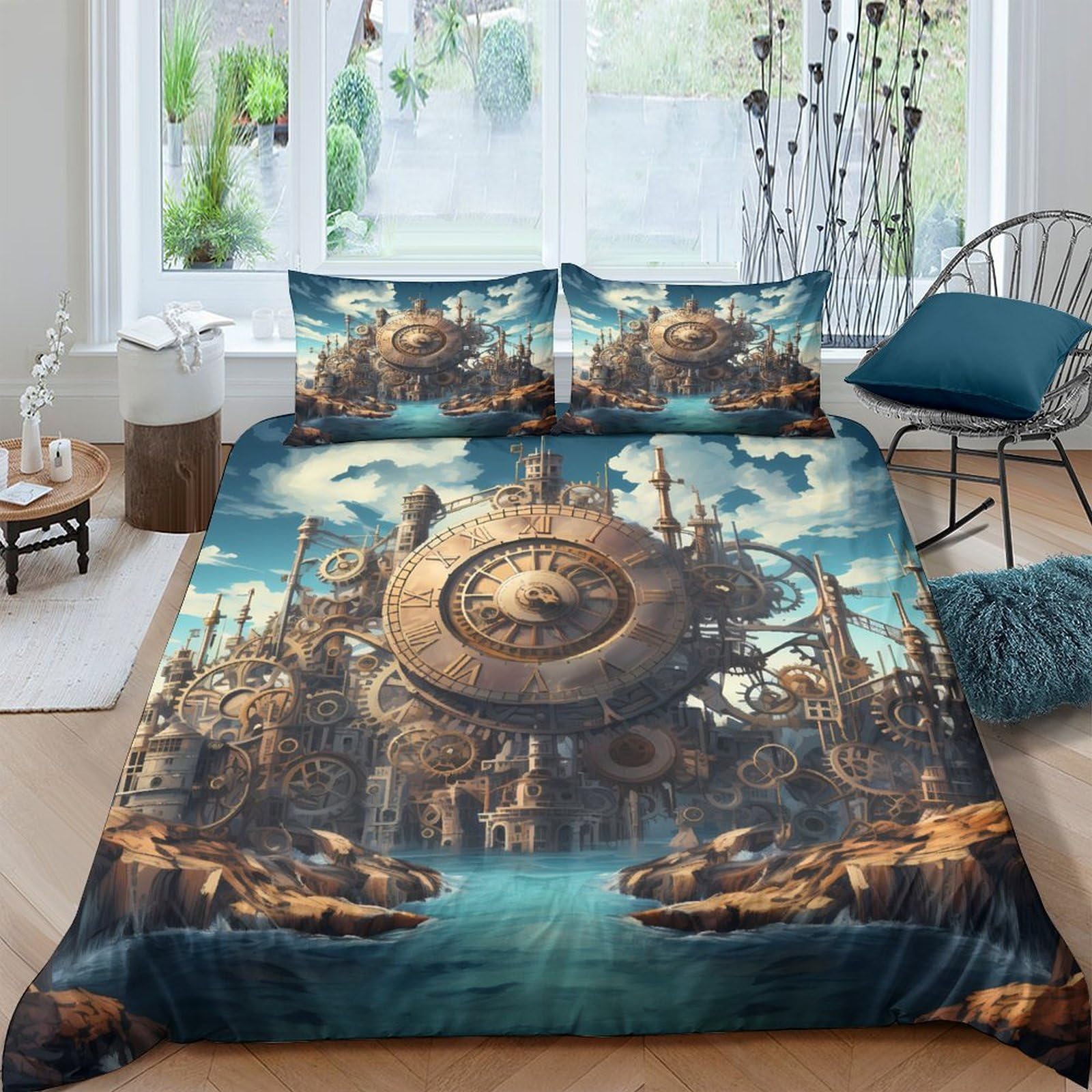Ctjqhvkz Style-1 3D Printed Steampunk Fantasy Fitted Sheet Microfiber Soft Brown Blue Artistic Mattress Cover Bedroom Decor Single（135X200cm）