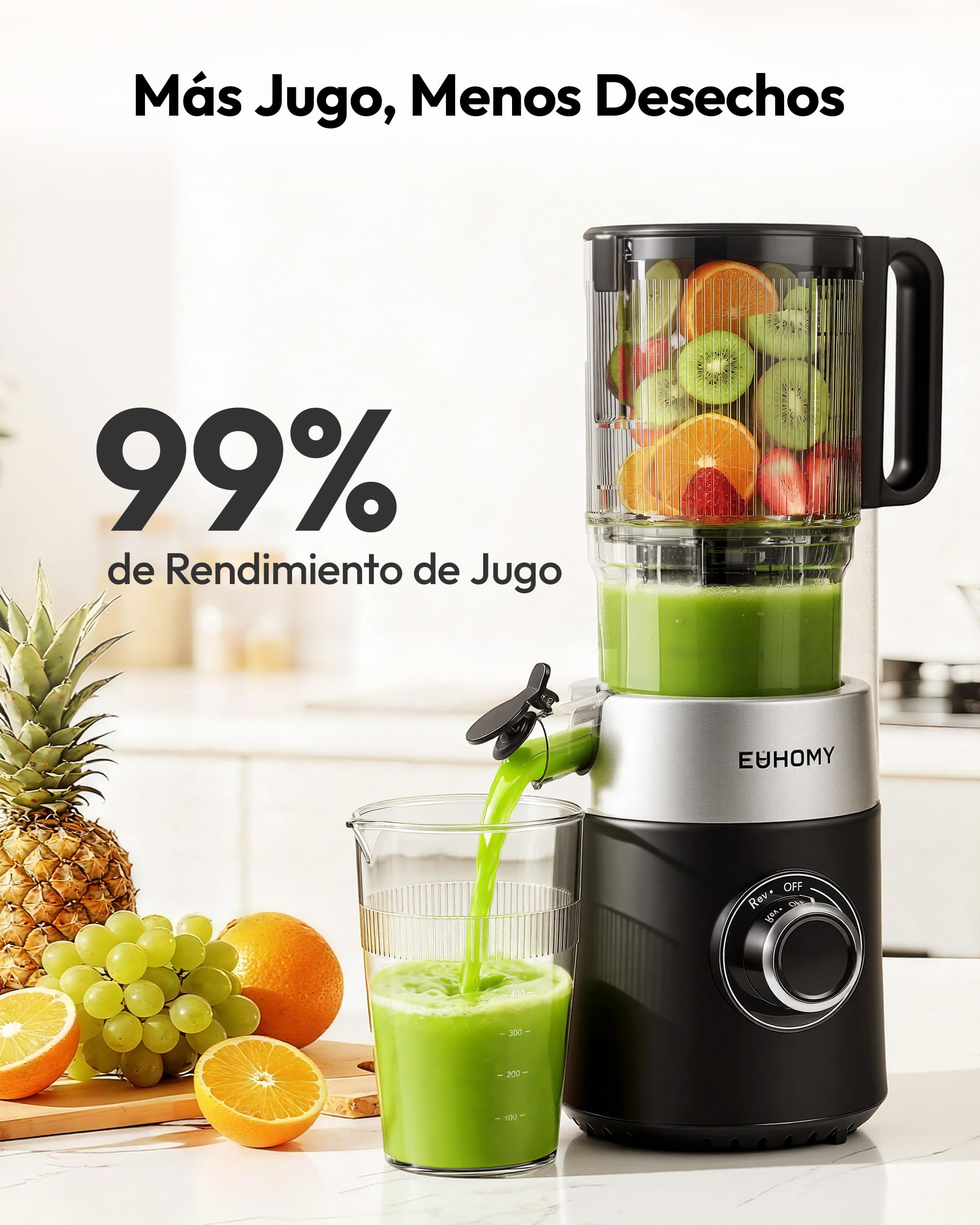 EUHOMY Extractor De Zumos Y Verduras Prensado en Frio 1.8L, Fácil de Limpiar Extractor de Jugos y Verduras, Exprimidor de Frutas con Tolva de 135mm, Licuadora con Hoja de Acero Inoxidable