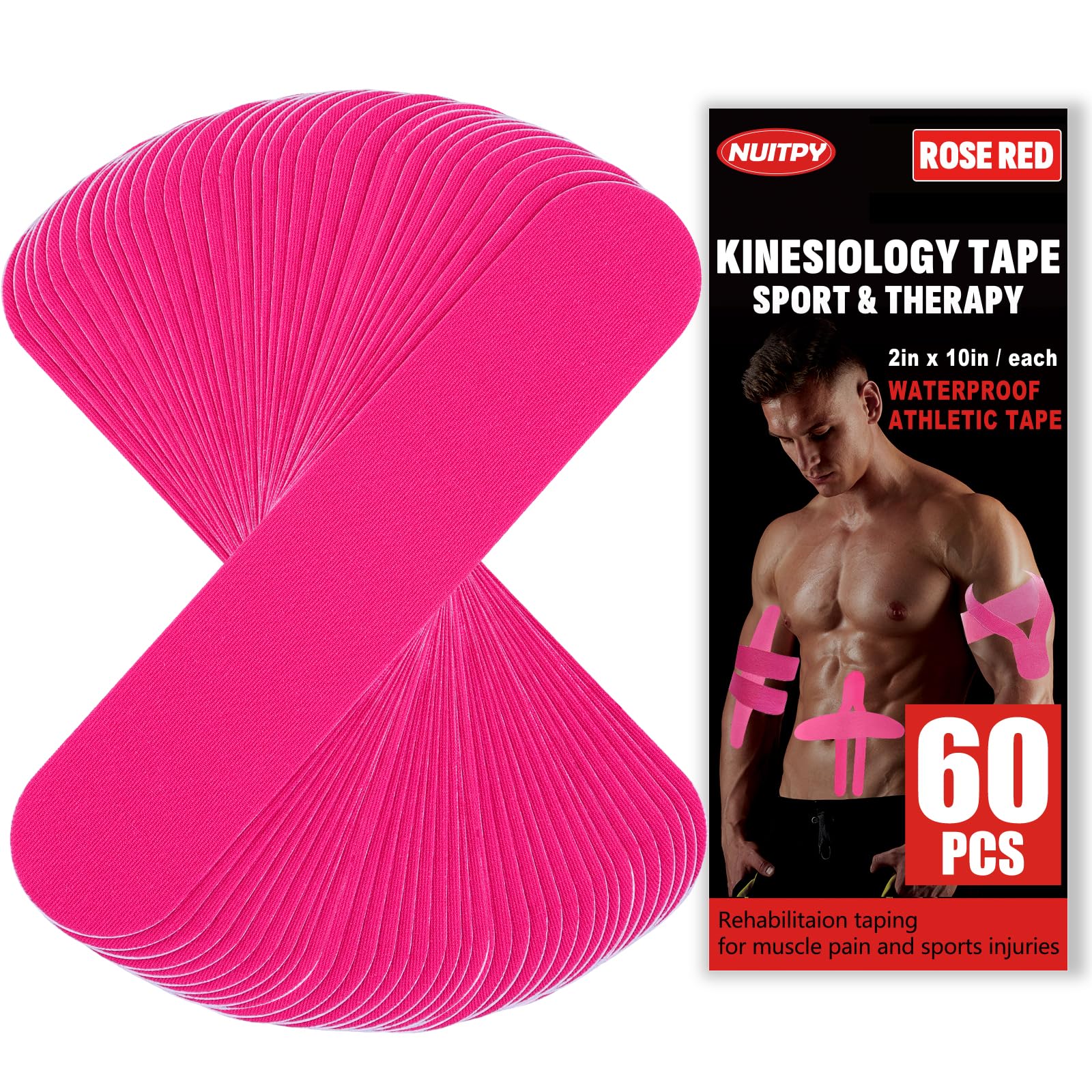 60 Pcs Rose Red Precut Kinesiology Tape Strips, 2in x 10in Kinetic Tape