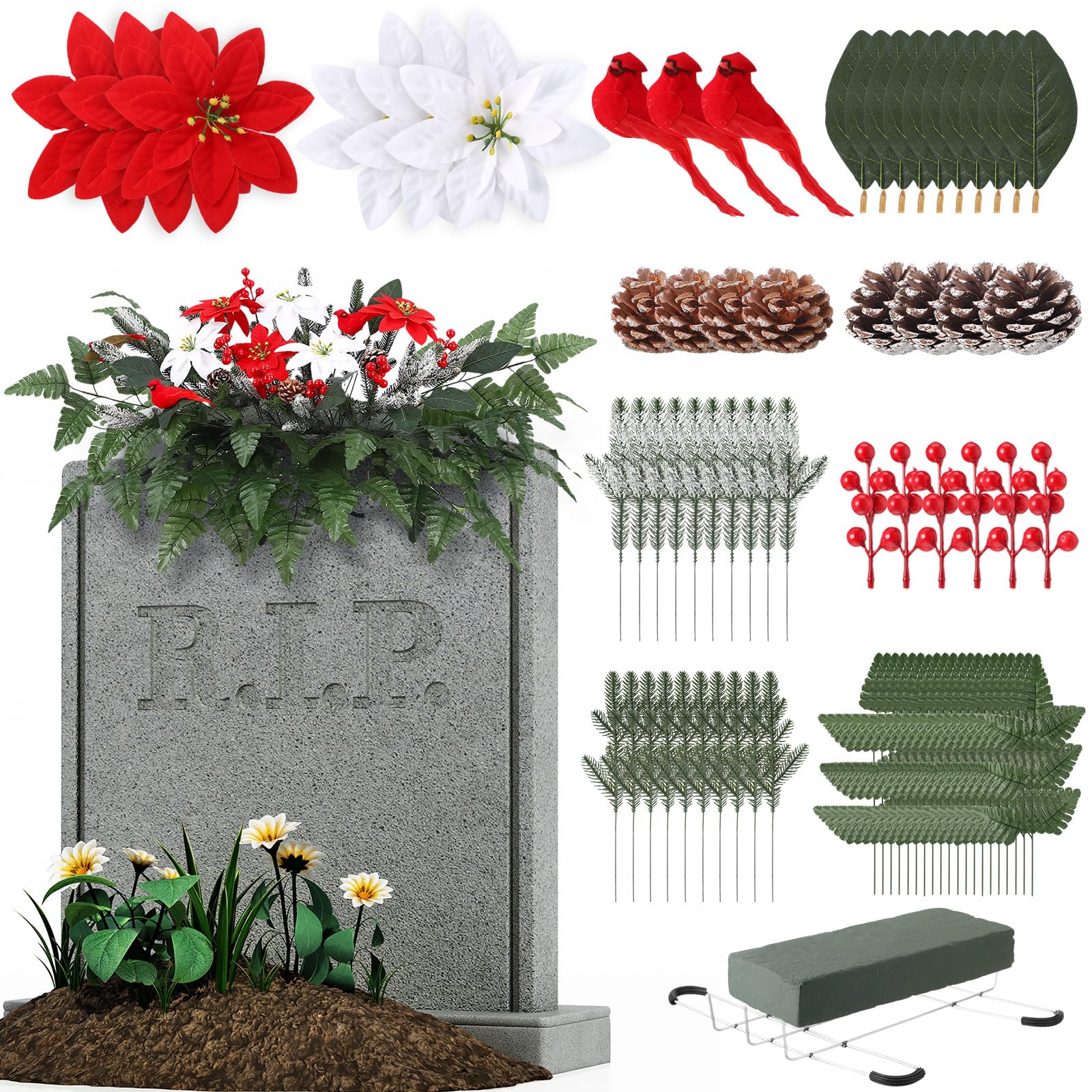 Thiccywoov 70 Stück künstliche Friedhofsblumen mit Draht-Grabstein-Sattel, Weihnachtssterne, Seidenleder-Blattfarnen, roter Vogel, Tannenzapfen, Beere, Tannennadel für den Außenbereich,