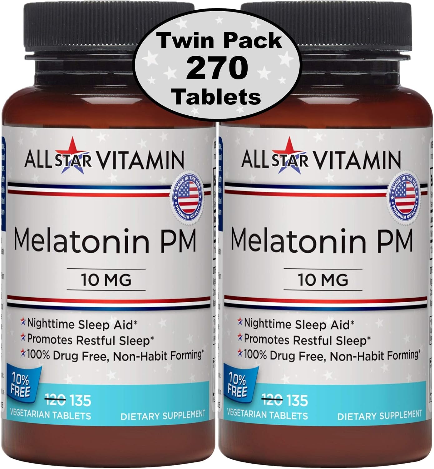 All-Star Vitamin Melatonin PM, Melatonin 10mg, 135 Vegetarian Tablets, 2 Pack (270 Total), Drug Free, Non-GMO, Gluten Free