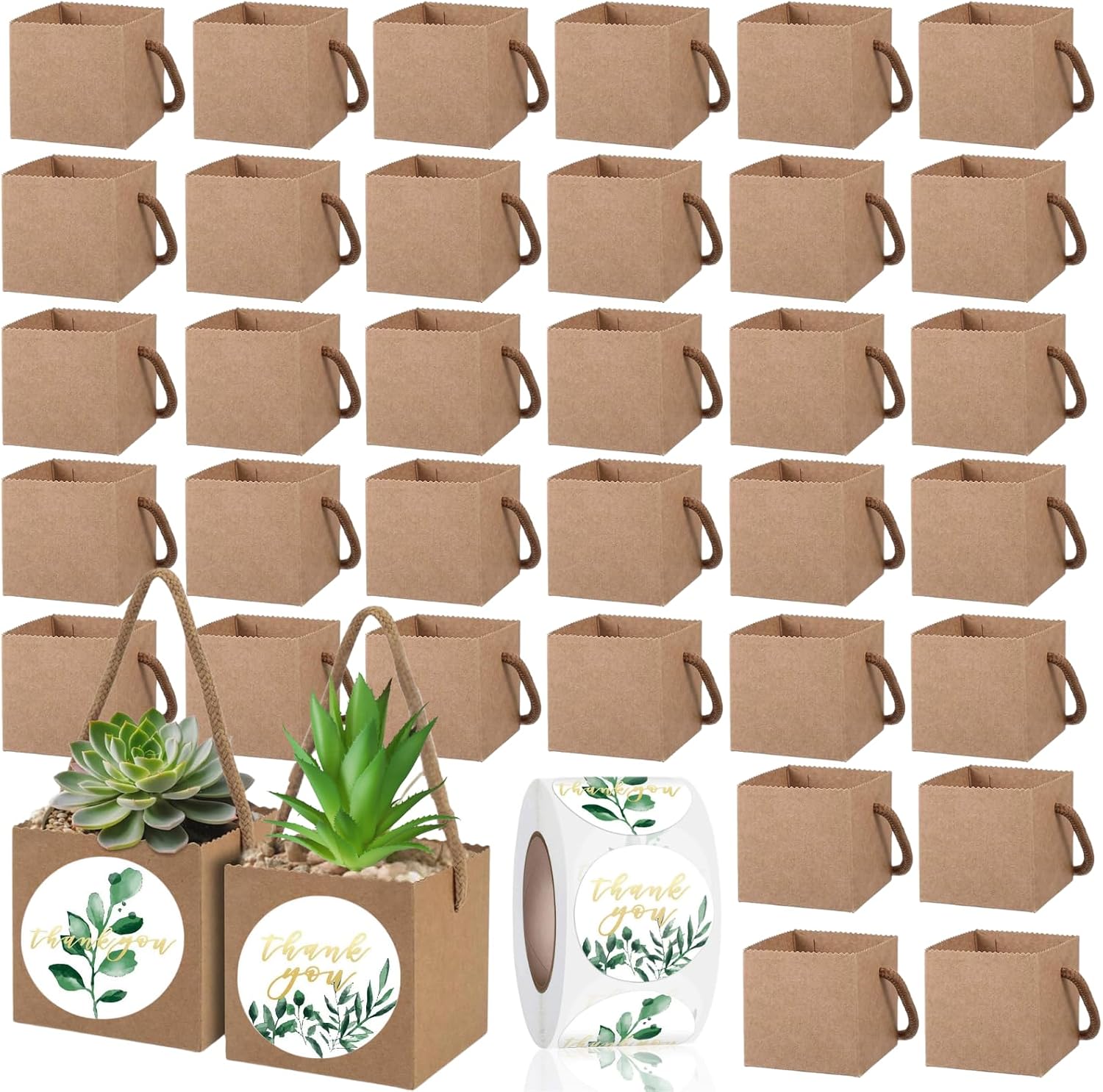 ASTRYAS 60pcs Succulent Wrap Bags Bulk, Paper Box Fits 2.5 Inch Pots with Thank You Stickers, Small Gift Basket with Handles for Wedding, Baby Shower, Succulent Party Favors for Guests(Brown)