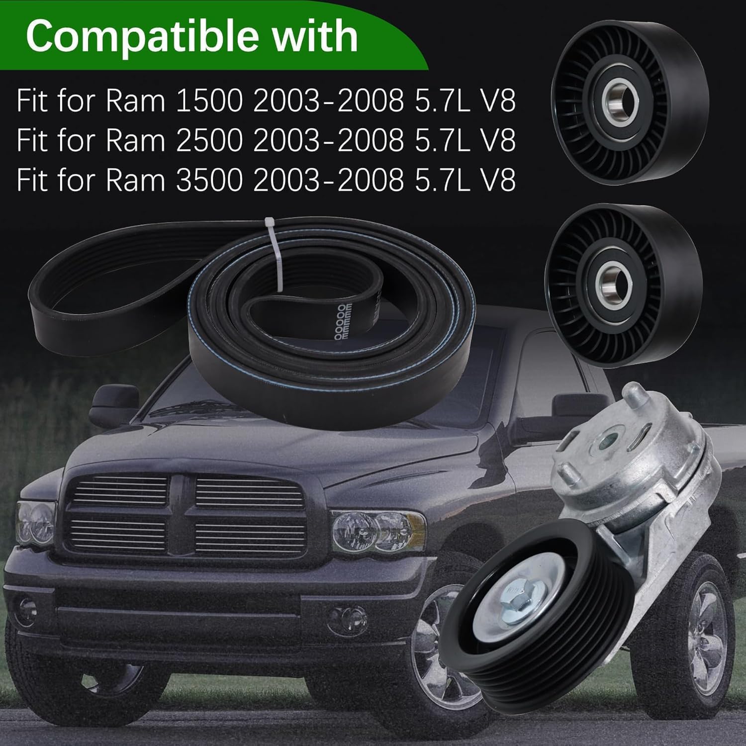 38382 Drive Belt Tensioner Pulley and Serpentine Belt Assembly Kit Fit for 2003-2008 Dodge Ram 1500/2500/3500 5.7L V8 Replace 53032130AA 53032130AC 38058 7PK2570