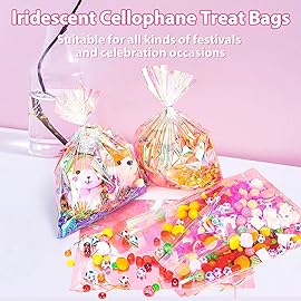Cherodada 4x6, 5x7, 3x12 Inch Iridescent Cellophane Bags, with Twist Ties, Treat Bags for Candy Cookie Goodie Chocolates, And Popcorn
