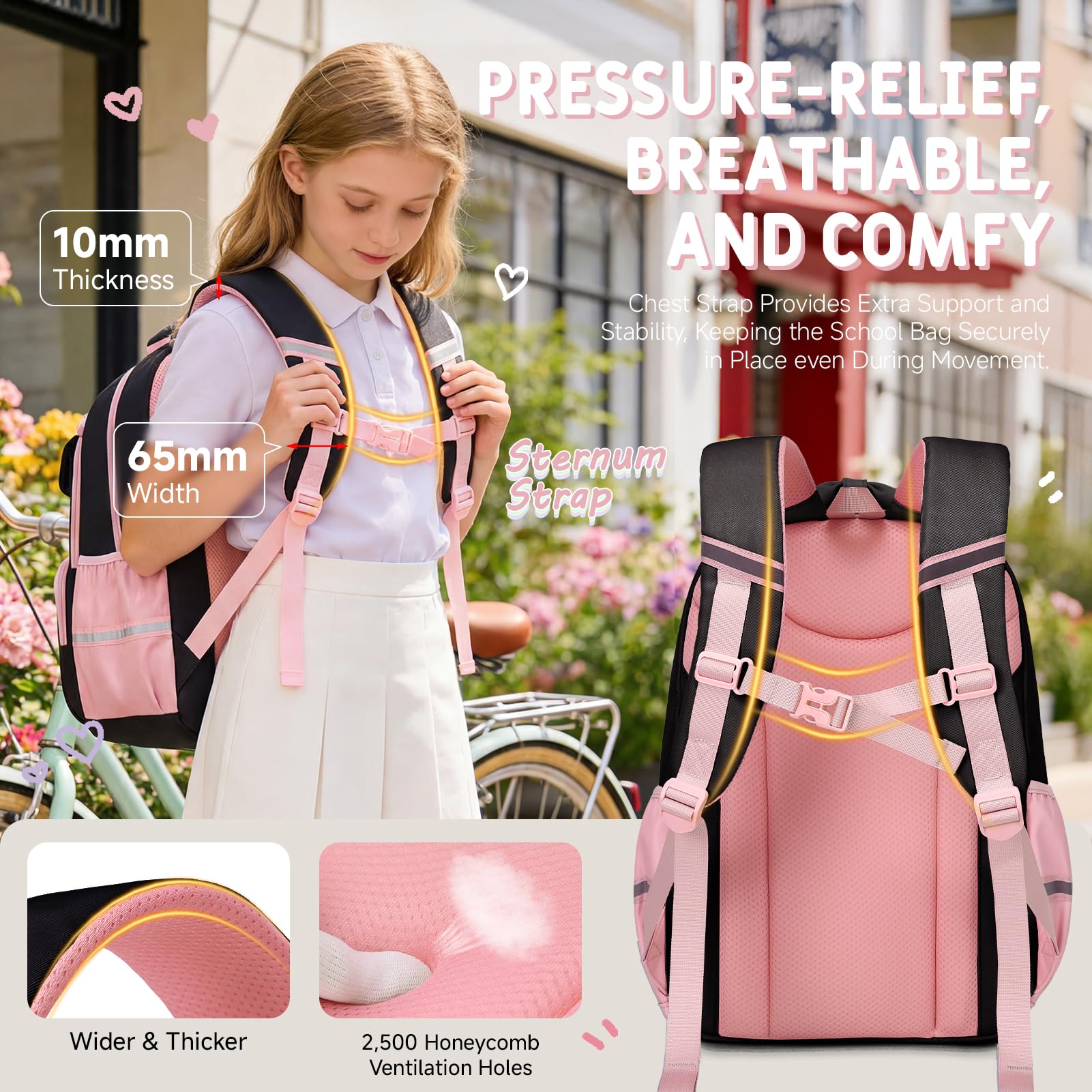Amythe Schultasche Mädchen Rucksack Kinder 22 Liter Schwarz Rosa Reflektierend