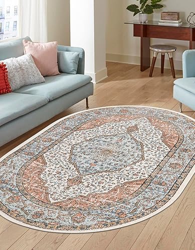 Rugs.com Nyla Collection - Alfombra ovalada mediana de 4 x 6 pies, color marfil, perfecta para salas de estar, comedores grandes, planos abiertos