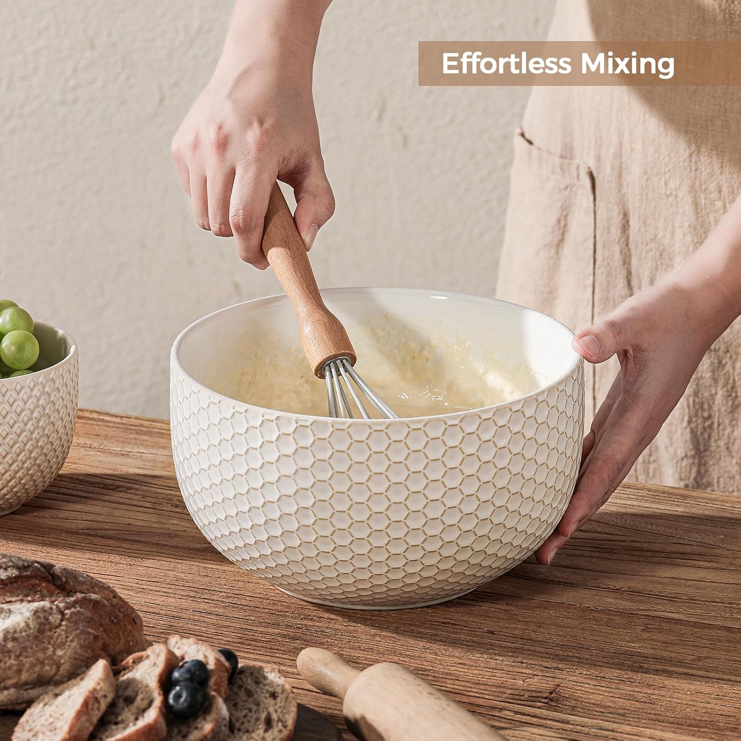 Ceramic Mixing Bowls Set of 4, Nesting Bowls for Kitchen | Large Embossed Serving Bowls for Mixing, Prep, Baking, Salad, Soup & Pasta, Microwave Dishwasher Safe