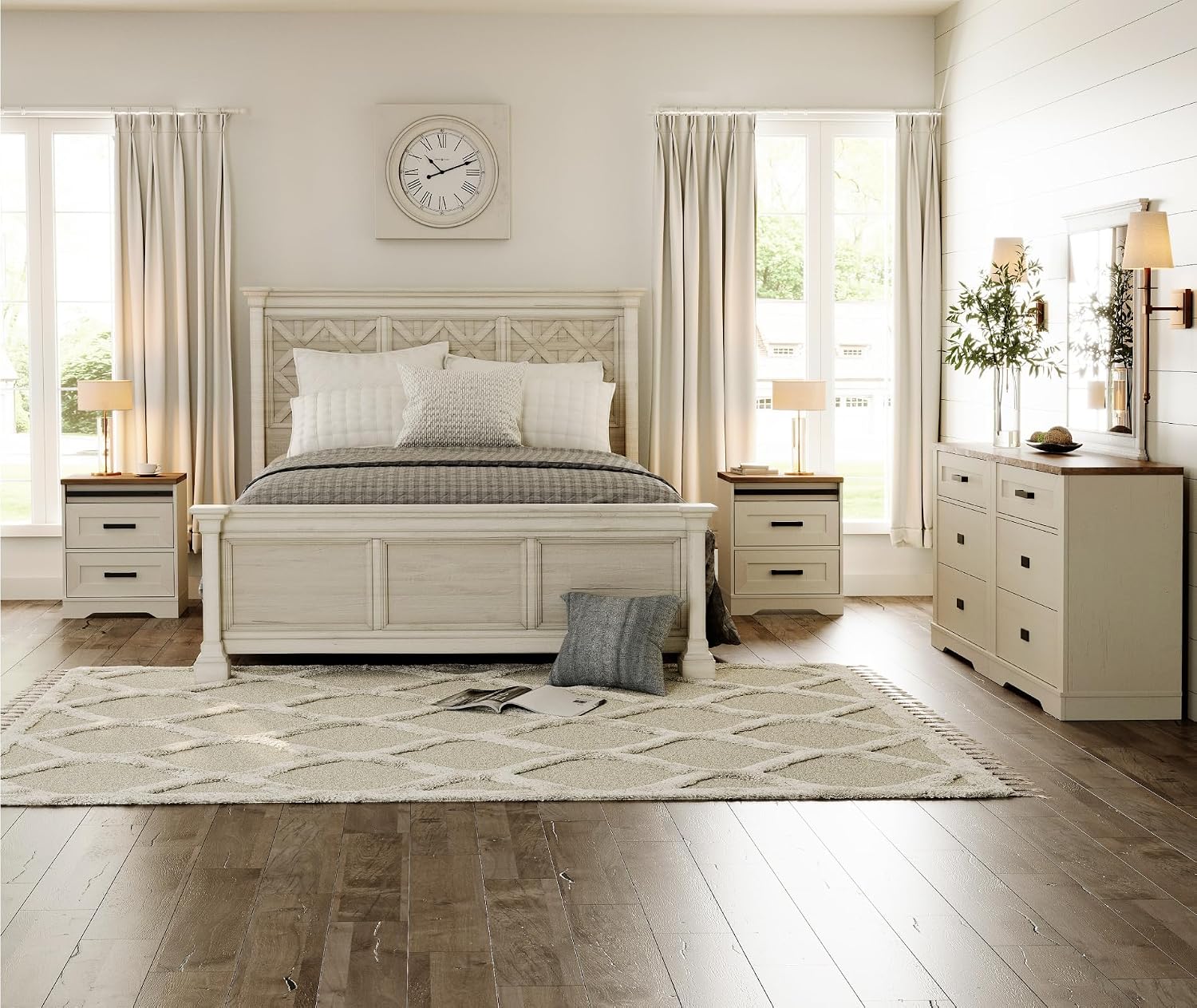 WAMPAT 4-Piece Farmhouse Bedroom Furniture Set, 63-Inch Dresser with 6 Drawers and 2 Storage Nightstands with 1 Charging Station, White