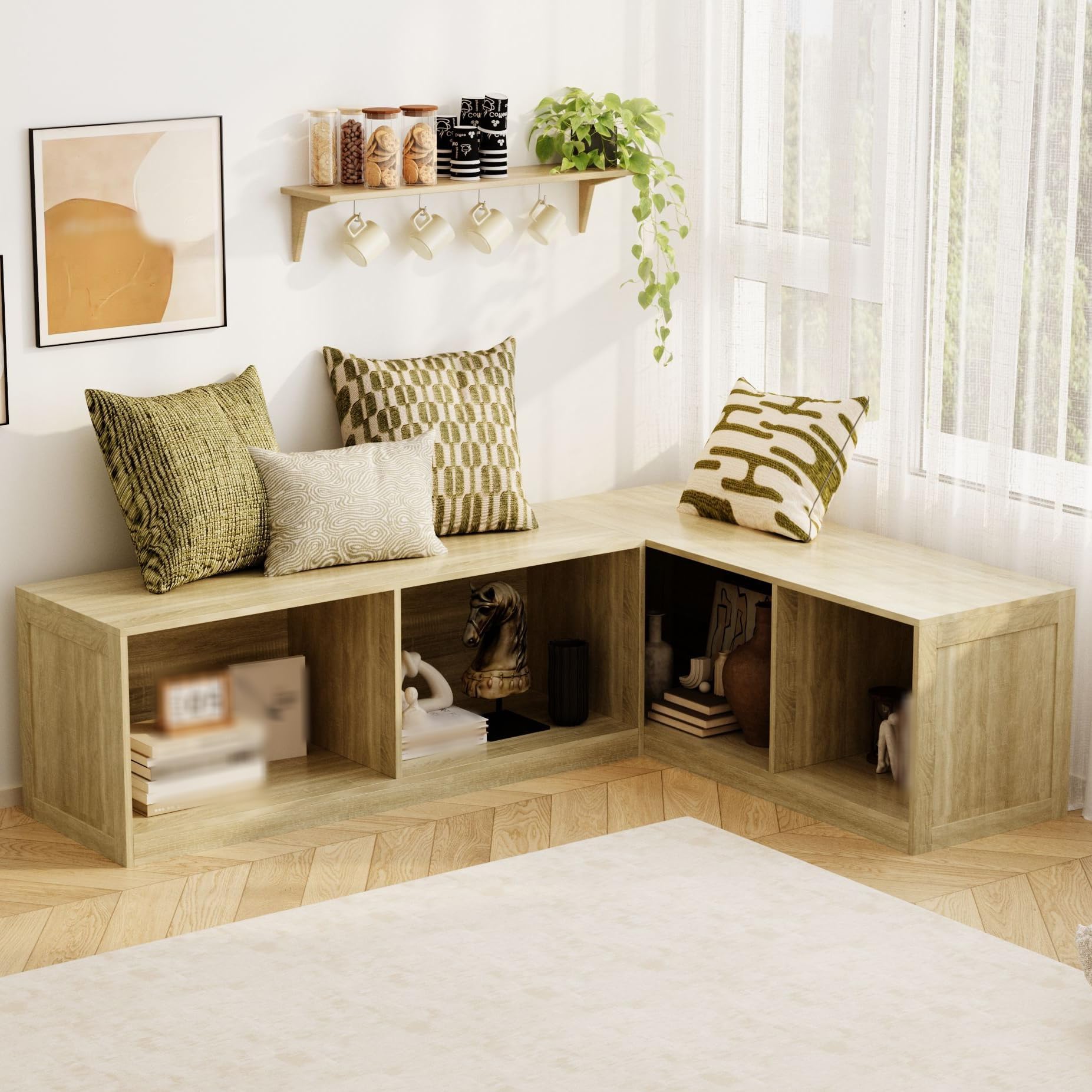 L-Shaped Corner Banquette Storage Bench, Entryway Bench with Open Shoe Storage Shelves for Bedroom, Kitchen Breakfast Nook Corner Benches for Dining Room, Living Room,Oak Color (No Cushion)