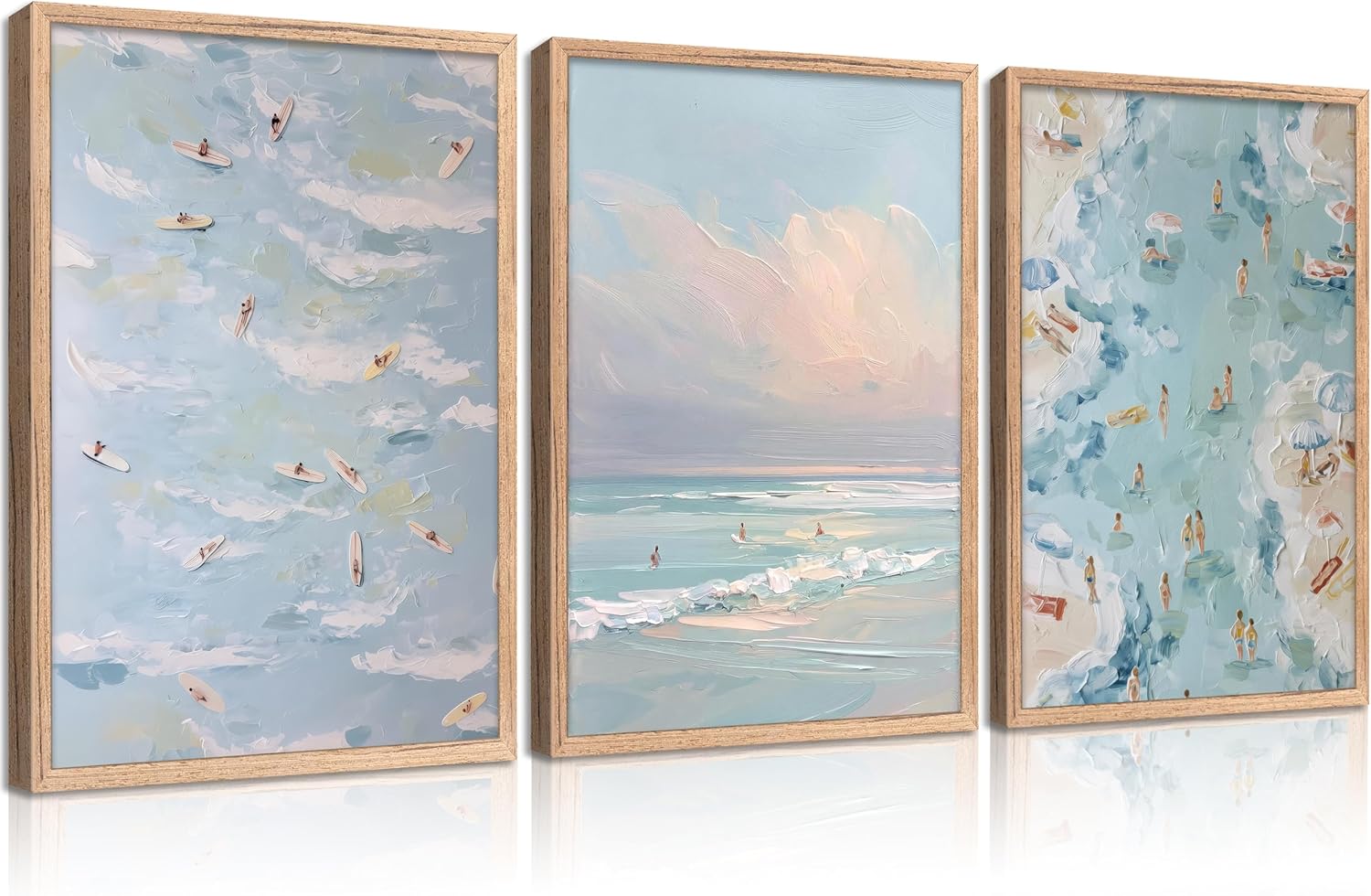 Framed Blue Ocean Wall Art Coastal Surf Poster Beach Vacation Picture Wall Decor Abstract Beach People Surfing Painting Seashore Canvas Print Artwork for Living Room Bedroom Apartment Decoration