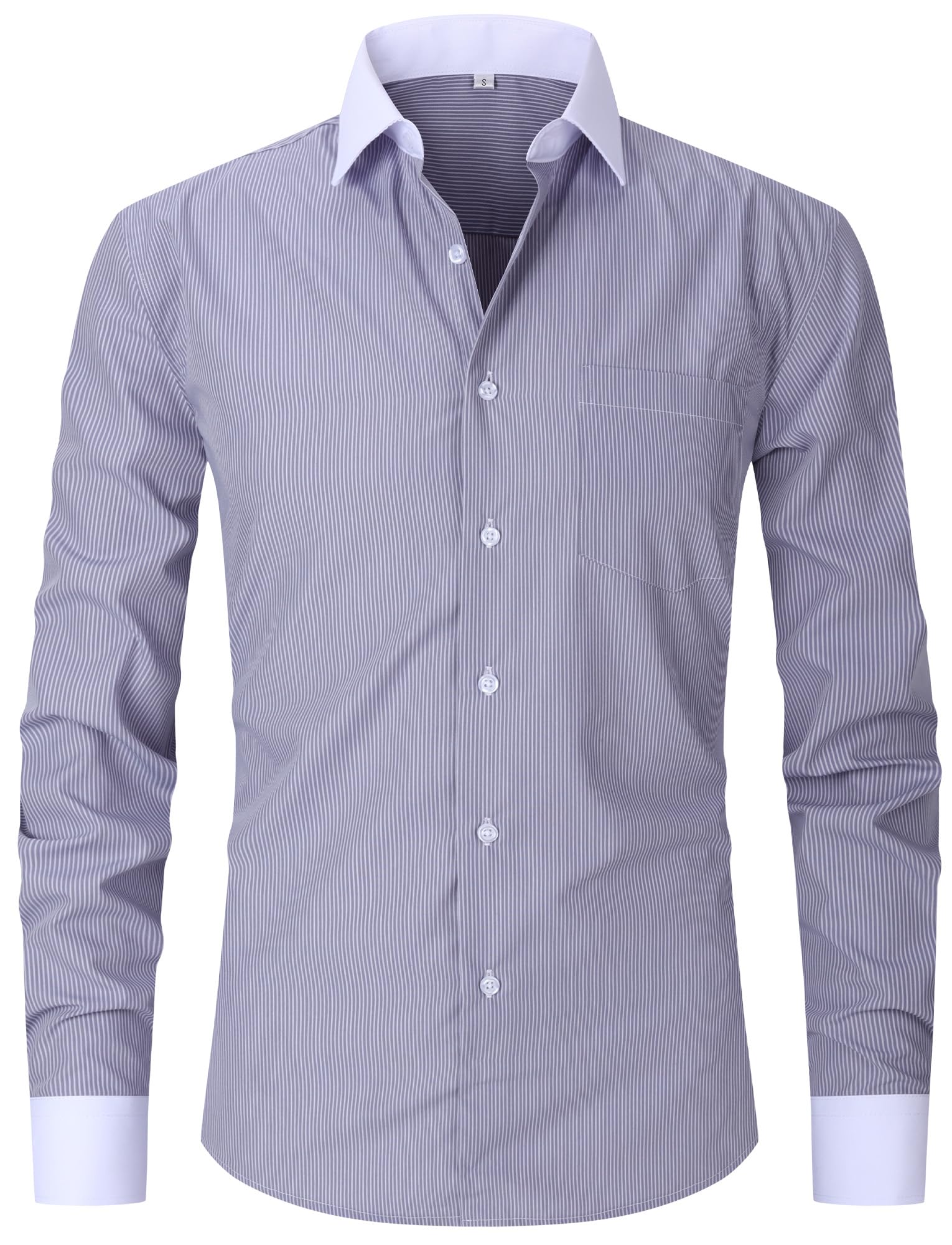 SEAUR Men's Vertical Pinstripe Dress Shirt Button Down Long Sleeve Collared Classic Blouse with Pocket Soft Formal Business Wedding S Gray