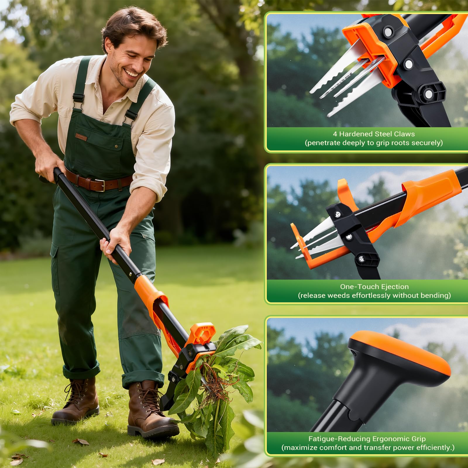 Crywag Weed Puller Tool - Stand Up Weed Puller with 4-Claw Steel Head, 39" Retractable Handle & Easy-Eject Mechanism for Dandelions, Clover & More, No Bending or Kneeling - Orange — view 5