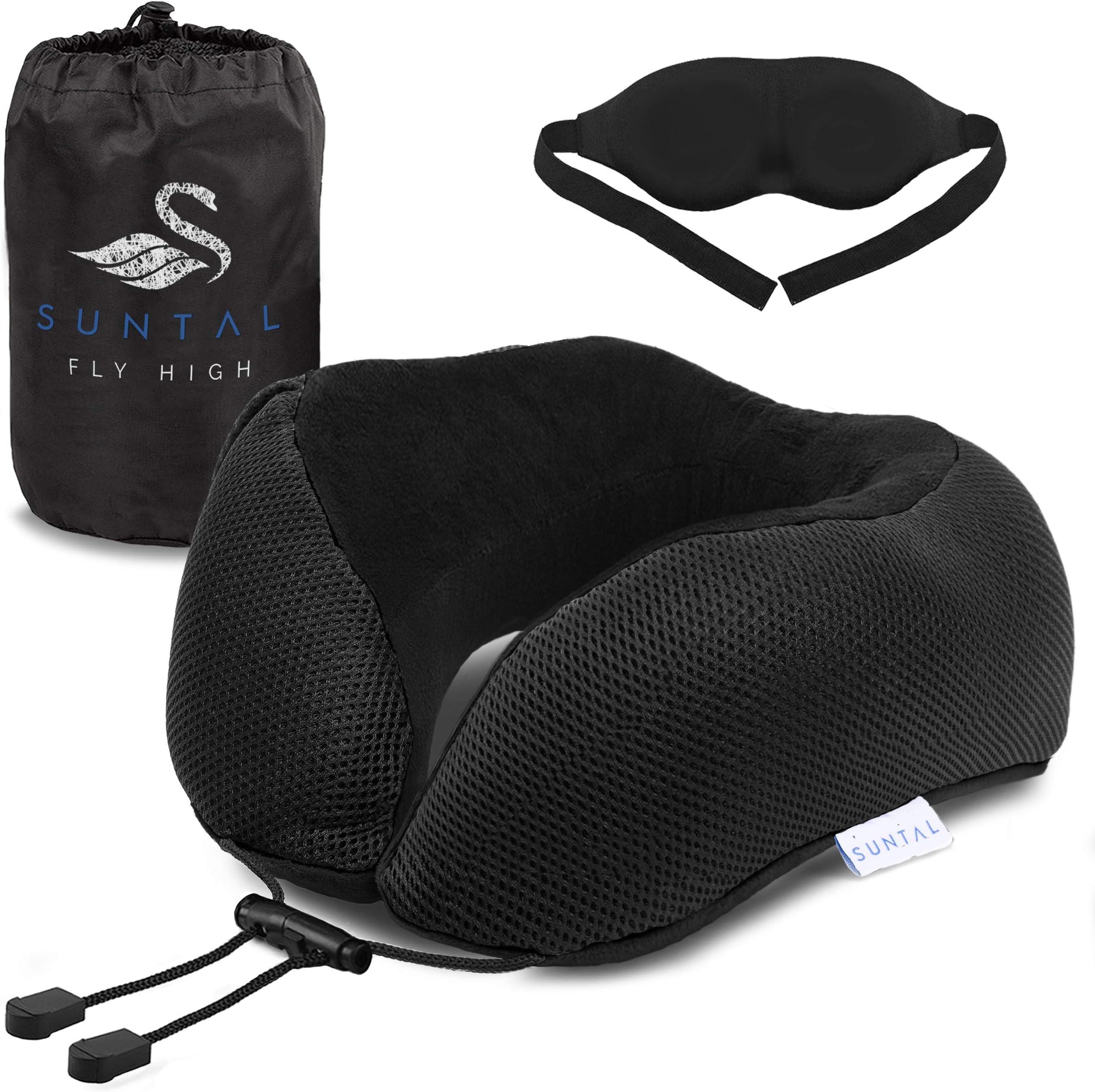 SunTal Ultimate Comfort Travel Pillow + Eye Mask – Prevent Neck Pain – Memory Foam Pillow Perfect for Airplane, Train, Bus, & Car Travel – Full 360 Head & Neck Support (Black)