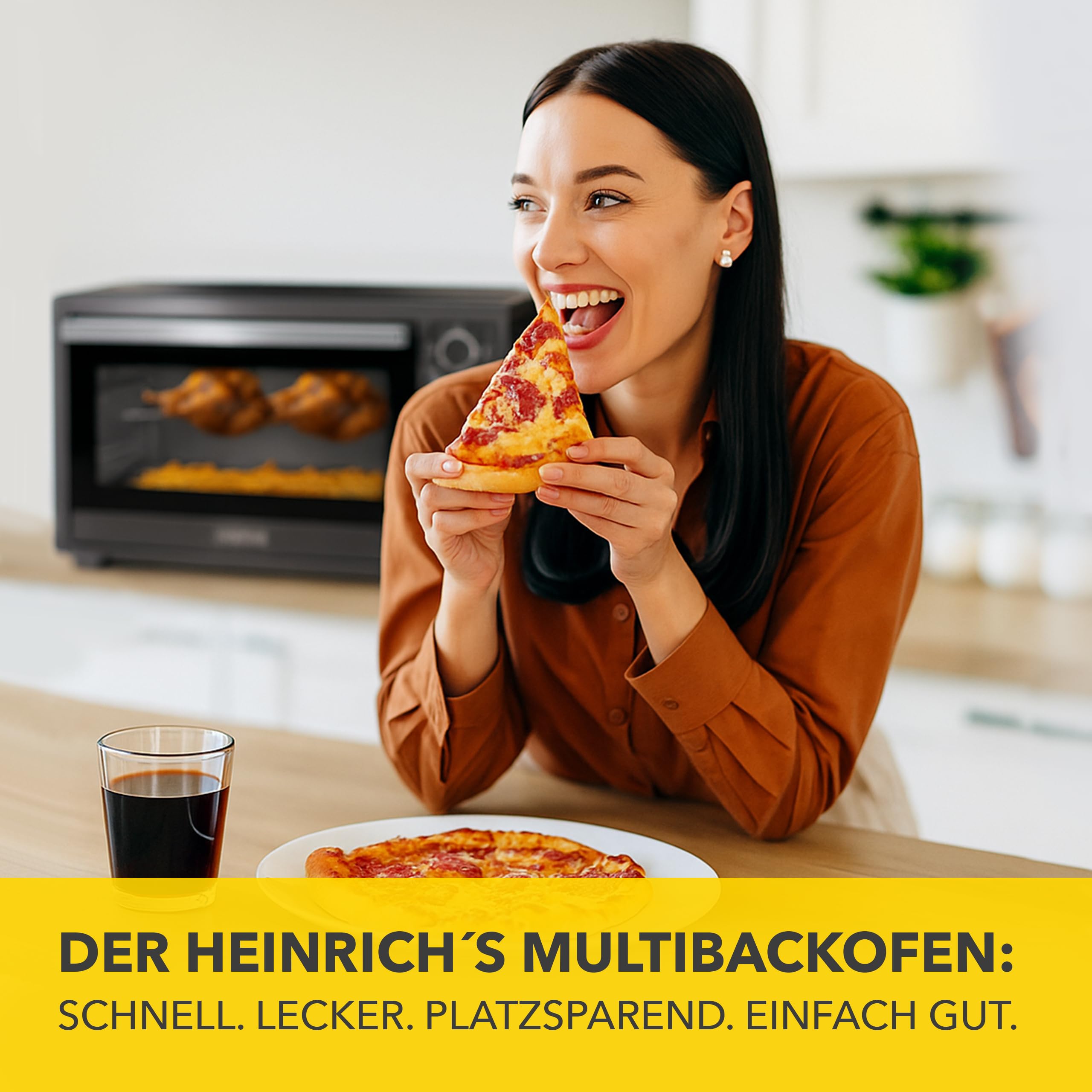 Heinrich´s Minibackofen mit Umluft 60L - Backofen klein mit Drehspieß, Airfryer-Einsatz inkl. Timer, Innenraumbeleuchtung, 100-230 °C, mit großem Sichtfenster, inkl. Zubehör, schwarz, 2000W