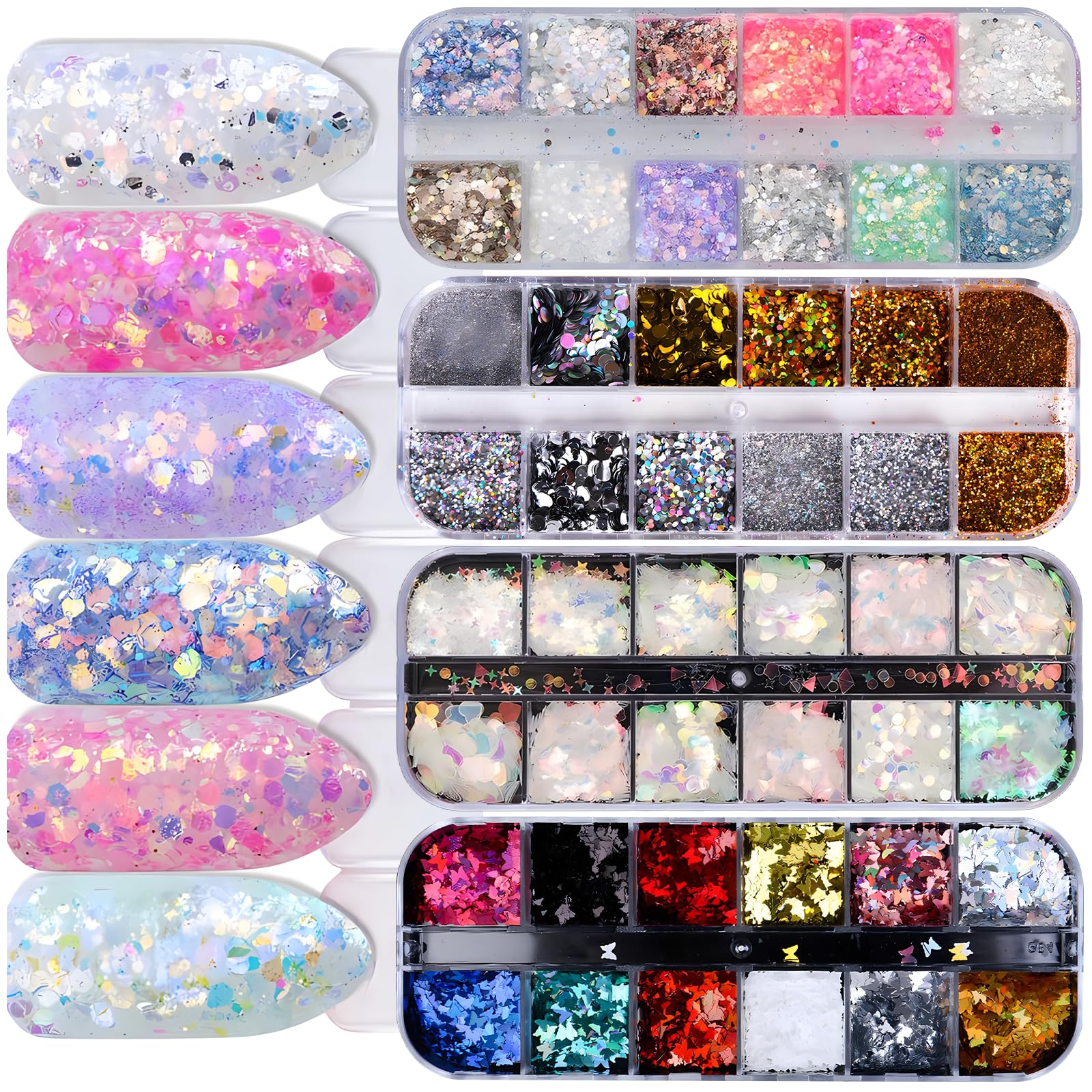 48 Colores Lentejuelas de Uñas,Brillo del Clavo de Lentejuelas Color de uñas Glitter Paillette Mixta Redondo Fino 3D Manicura Maquillaje Calcomanías de bricolaje Decoración